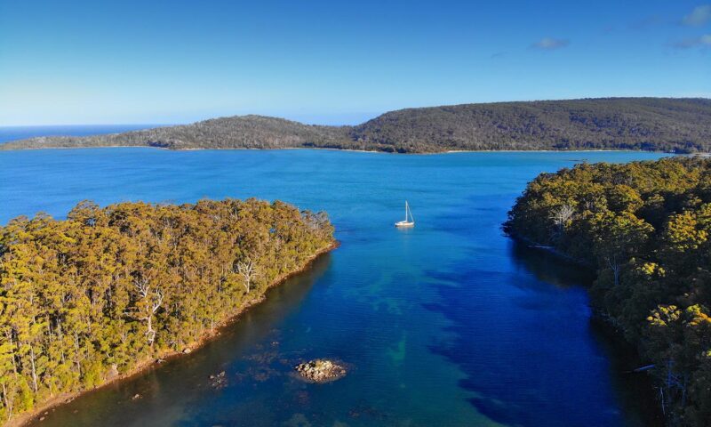 A lone sailboat glides across the Turquoise water of Recherche Bay on a clear, sunny day.