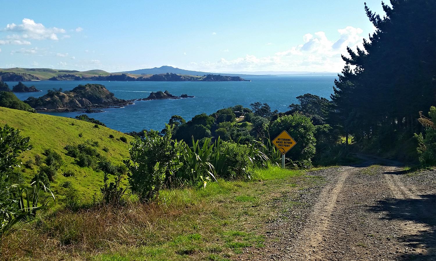 A dirt track leading down to the water's edge, surrounded by lush greenery and green grass on Rakino Island.
