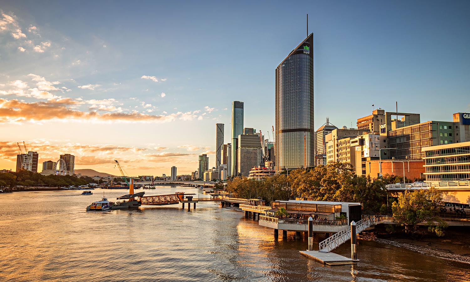 The stunning Brisbane waterfront with the buildings of its CBD.
