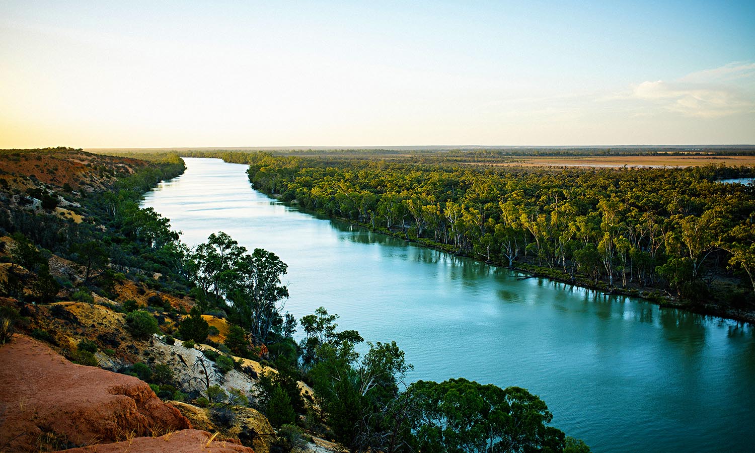 The Murray River with lush greenery and multicoloured cliffs on either side.