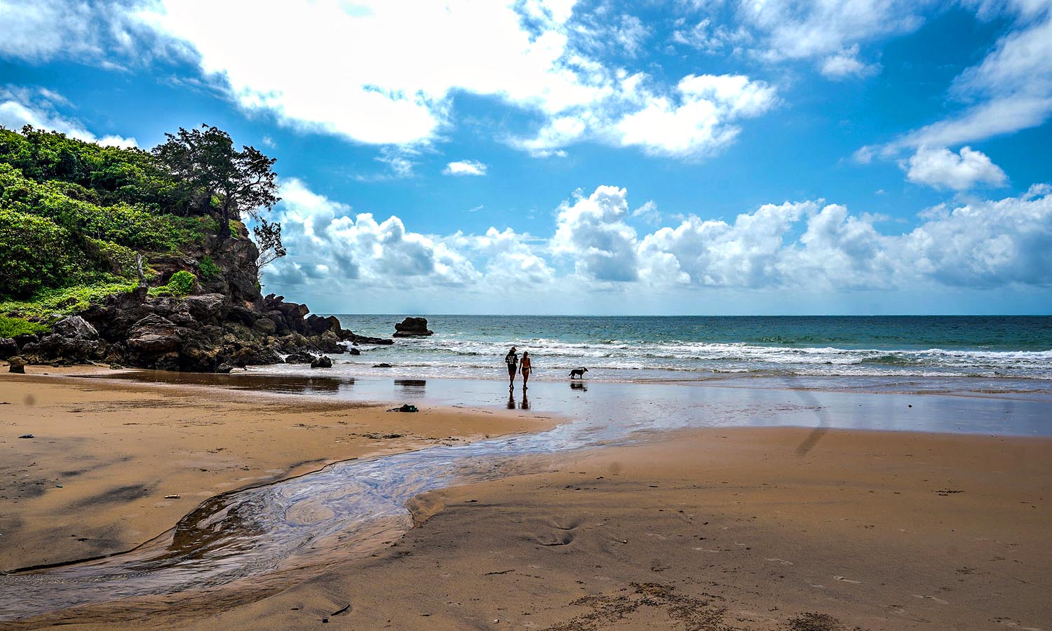 Two people walking in the distance on the yellow sand of Turtle Beach on a sunny day.