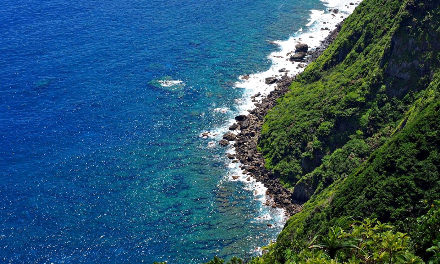 Rugged volcanic coastline overlooking the Pacific Ocean on Hachijojima Island in the Izu Islands.
