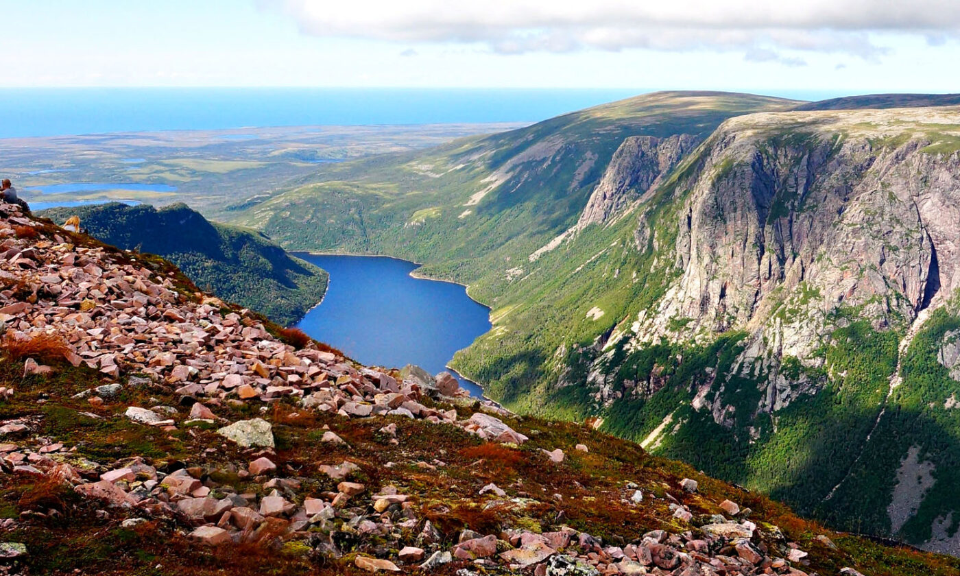 Panoramic view over Western Brook Pond in Gros Morne National Park, Newfoundland and Labrador.
