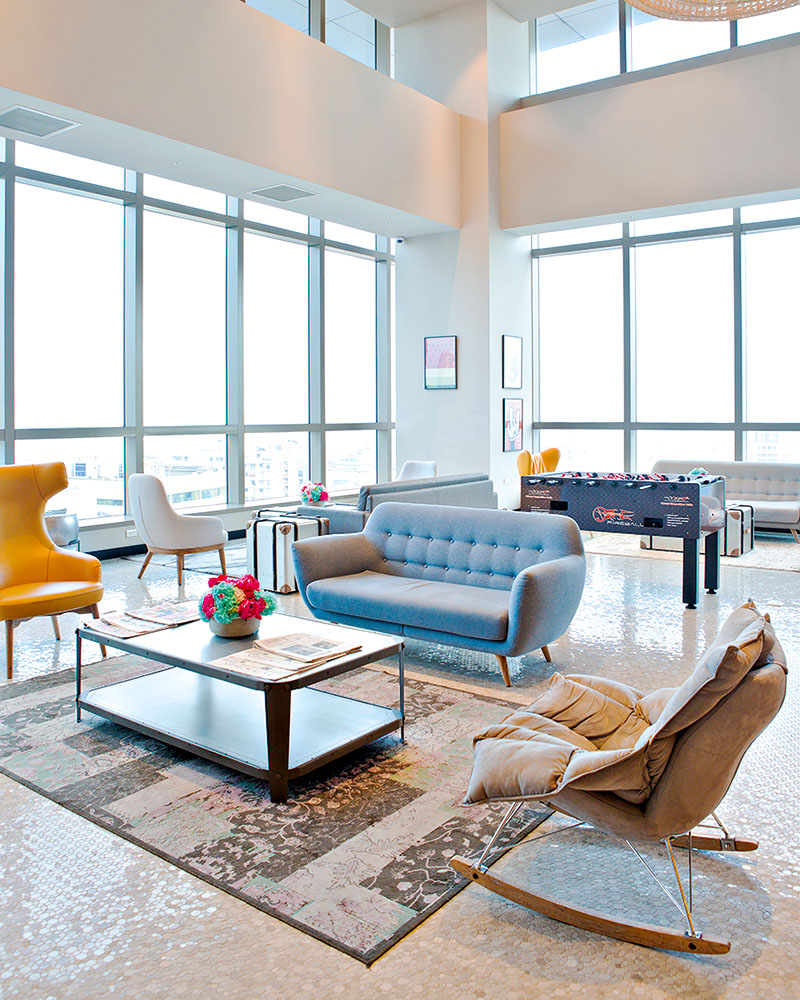 The interior of the stylish hotel Amba Hotel Lounge in the Songshan District of Taipei.