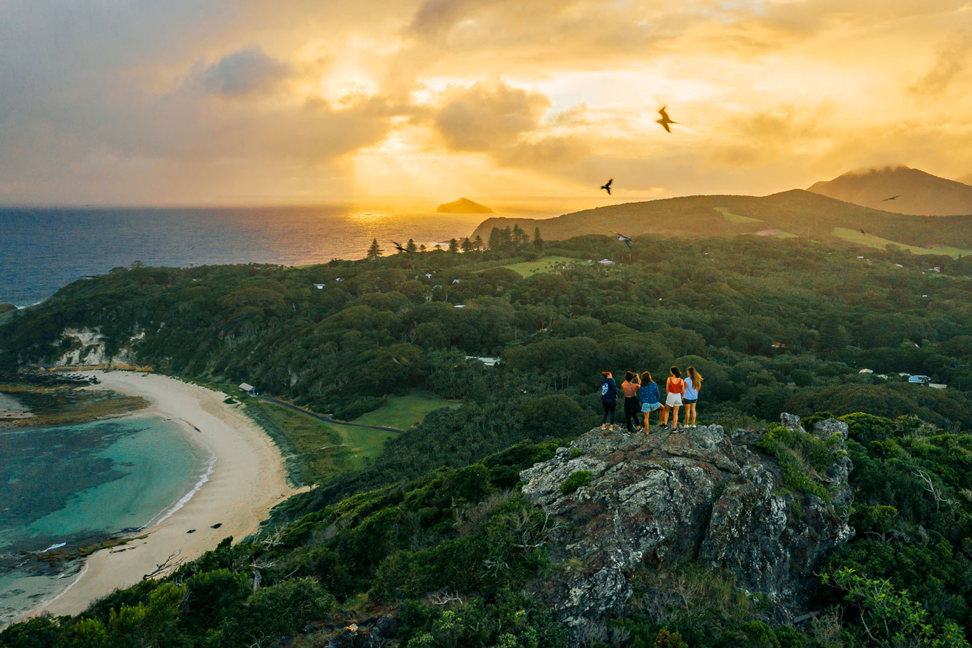 A group of people standing on a rocky peak, overlooking the lush greenery of Lord Howe Island at sunset.