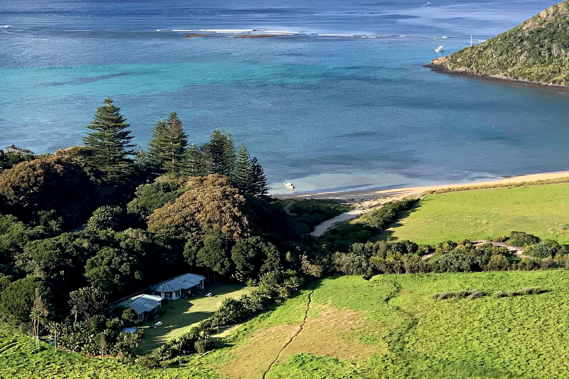 A small house is nestled between dense, green foliage, bordering a wide open space and the nearby ocean.
