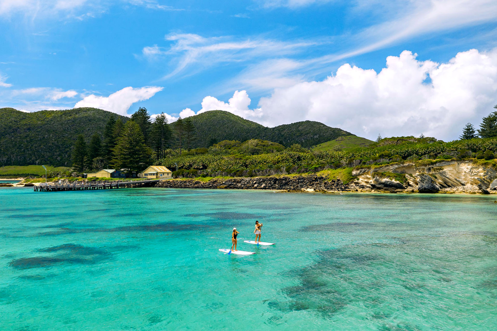 Two people go stand up paddleboarding across the turquoise waters of Lord Howe Island.