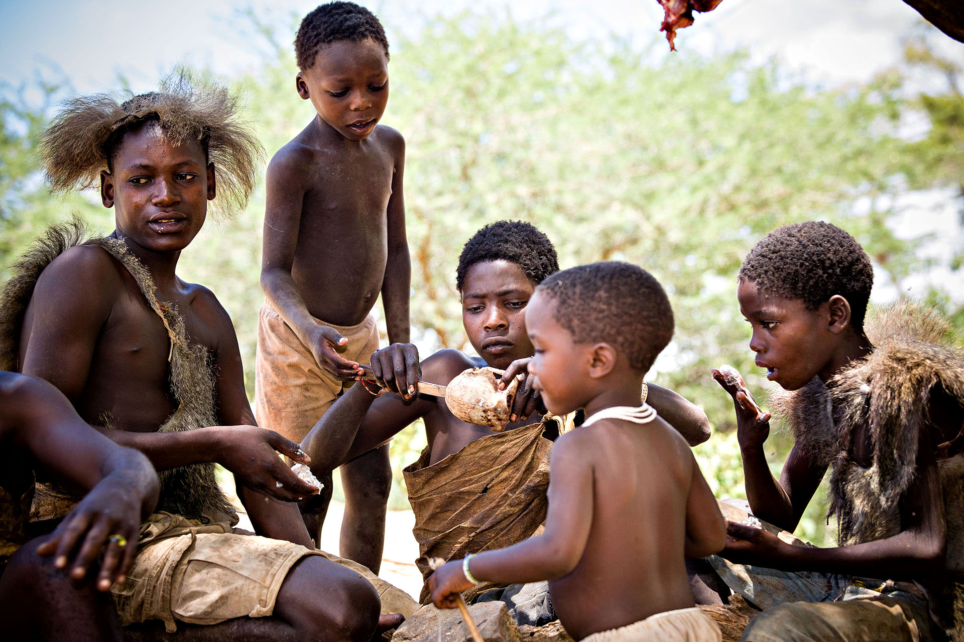 A group of people from the Hadzabe Tribe in Tanzania.