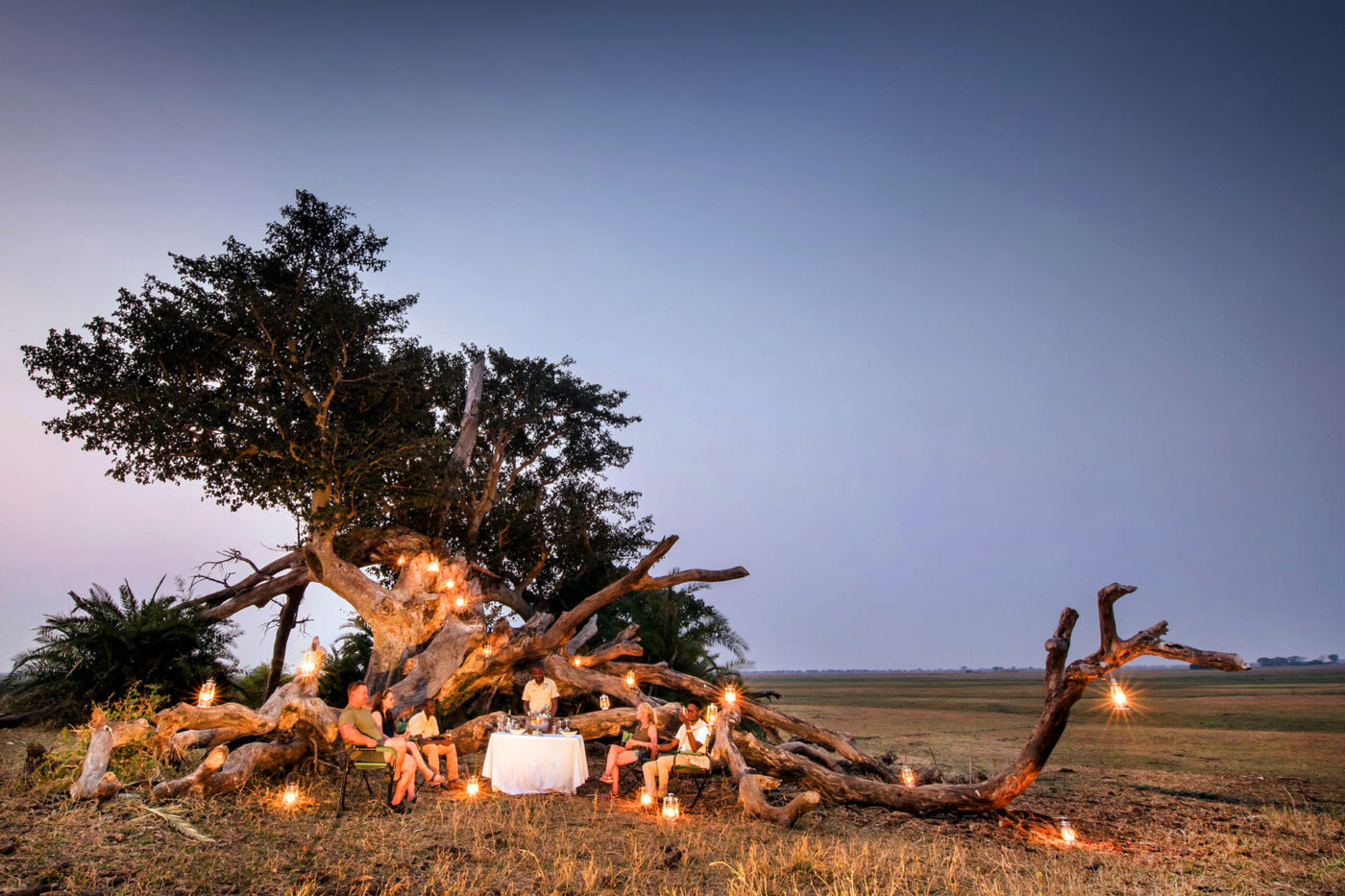 A candlelit dinner beside a tree in Kafue National Park, Zambia.