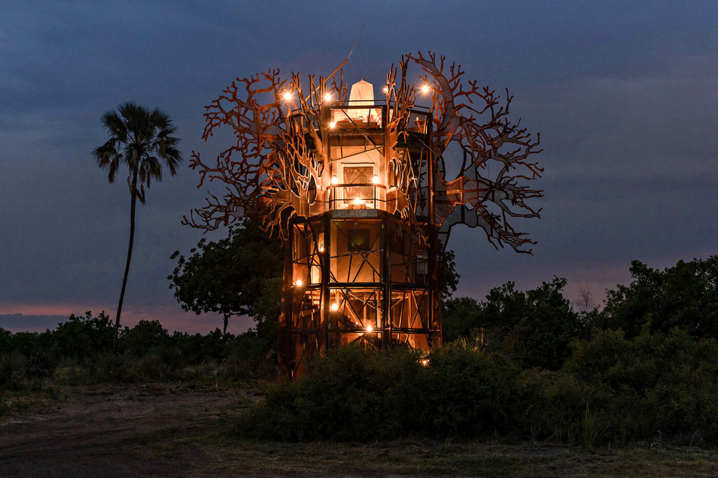 A towering treehouse-like lodge in Moremi Game Reserve, Botswana.