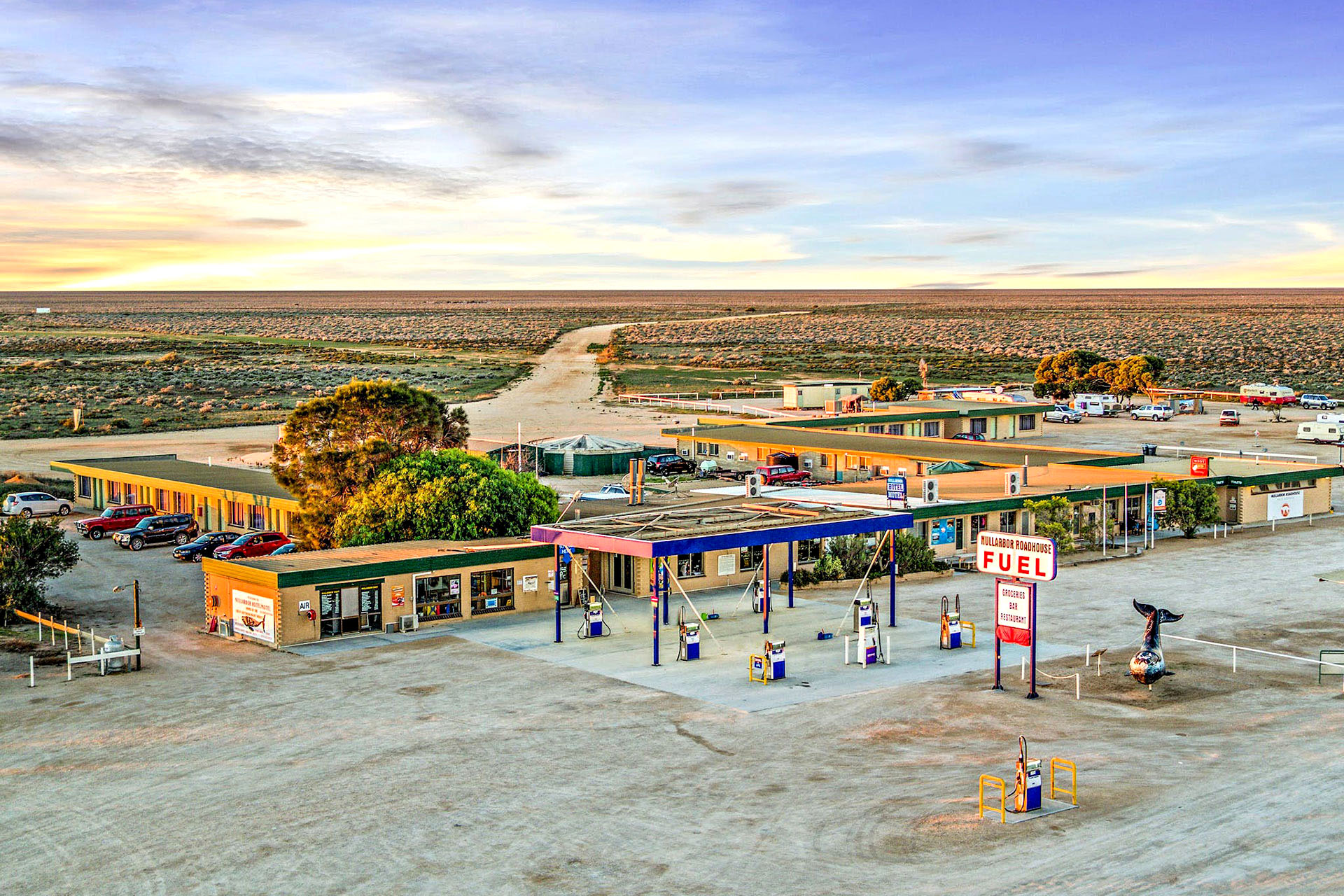 A deserted petrol station with adjoining motels in the middle of Australia's south-west.