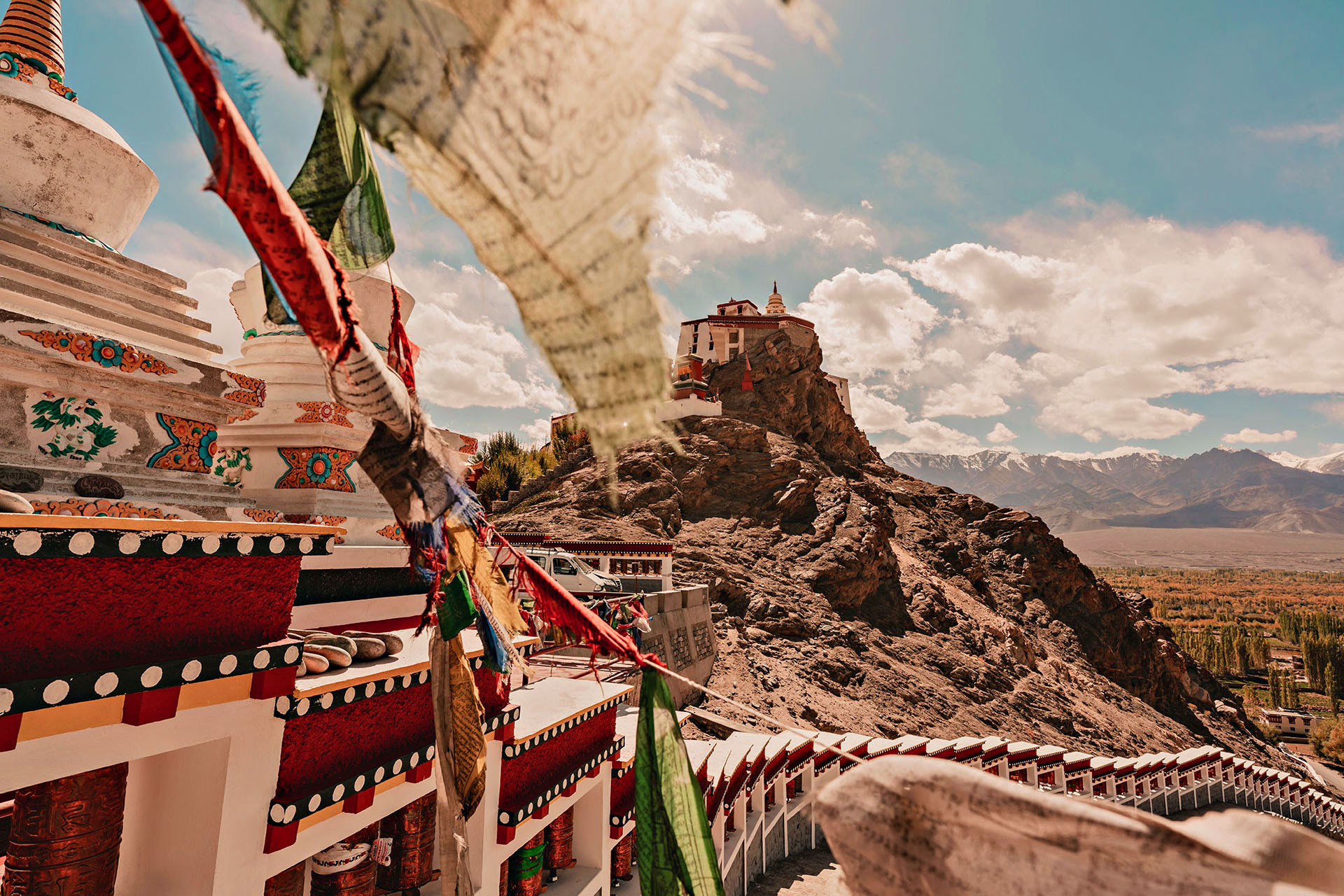 A traditional monastery sits atop a mountain in Kathmandu.