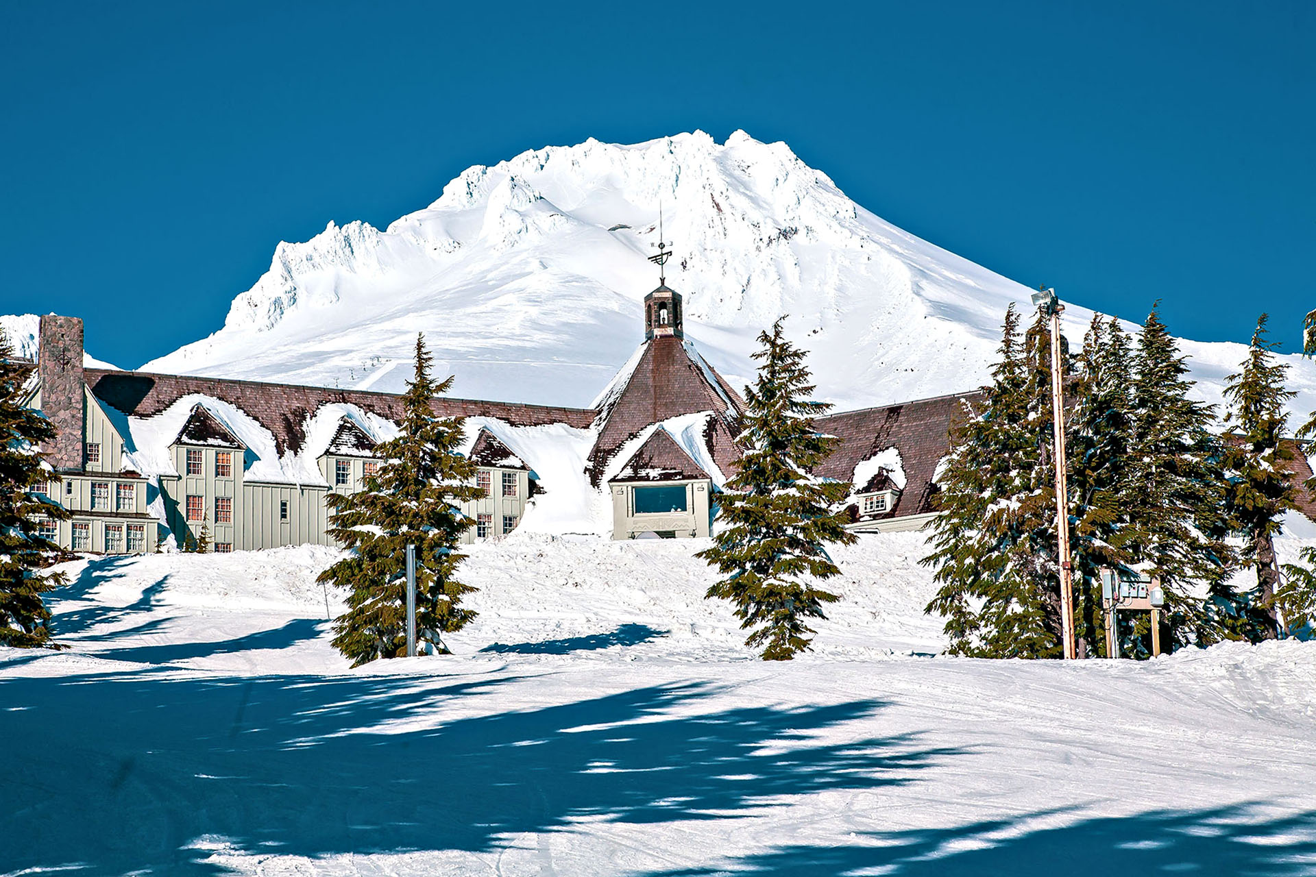 Timberline Lodge in Oregon under a blanket of snow.