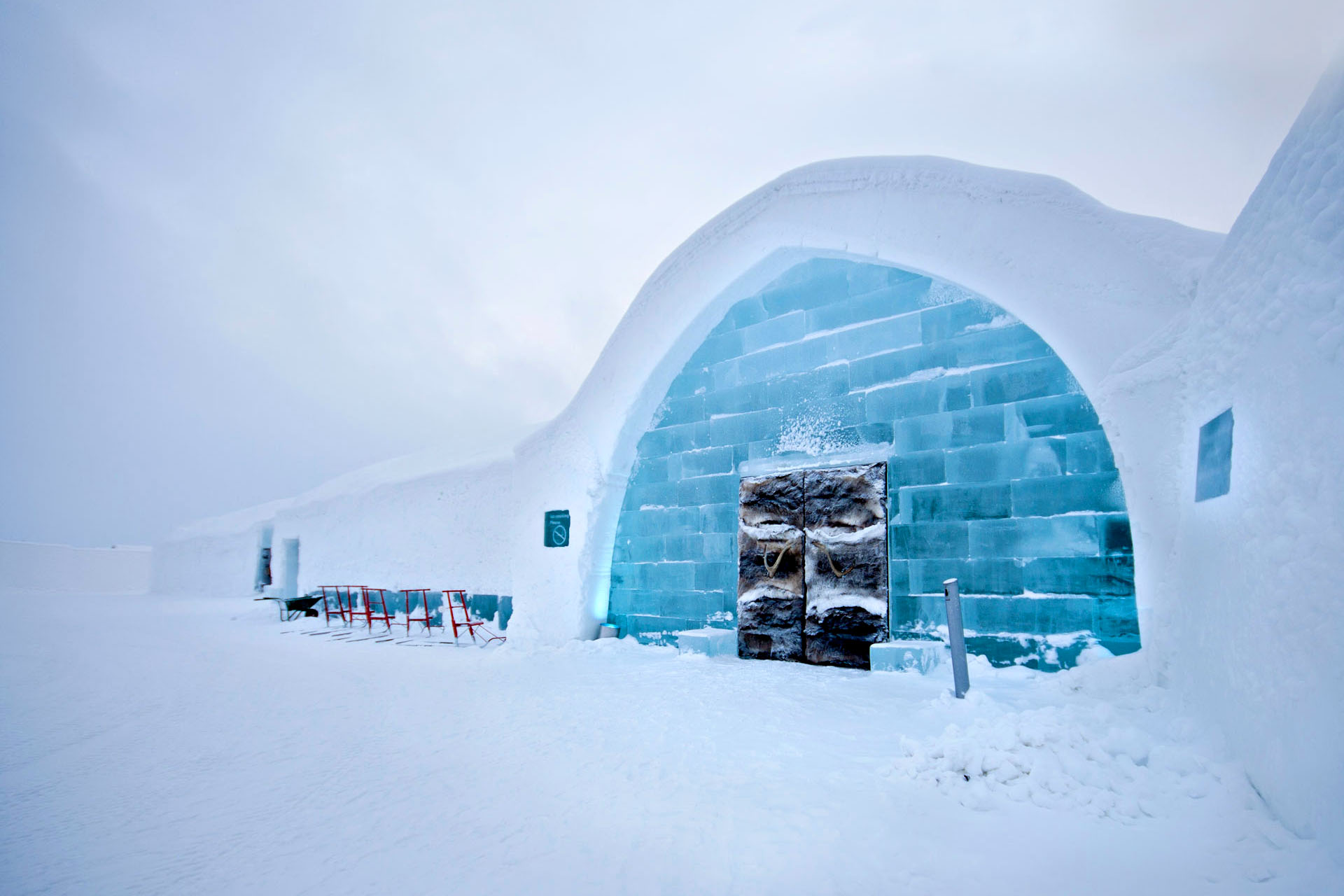 The icy exterior of an ice hotel in Sweden.