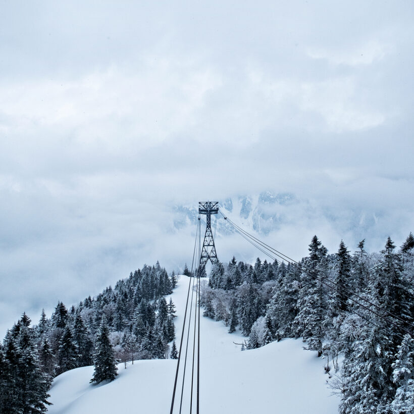 The steep rise of the Shin-Hotaka Ropeway, surrounded by trees blanketed by snow.