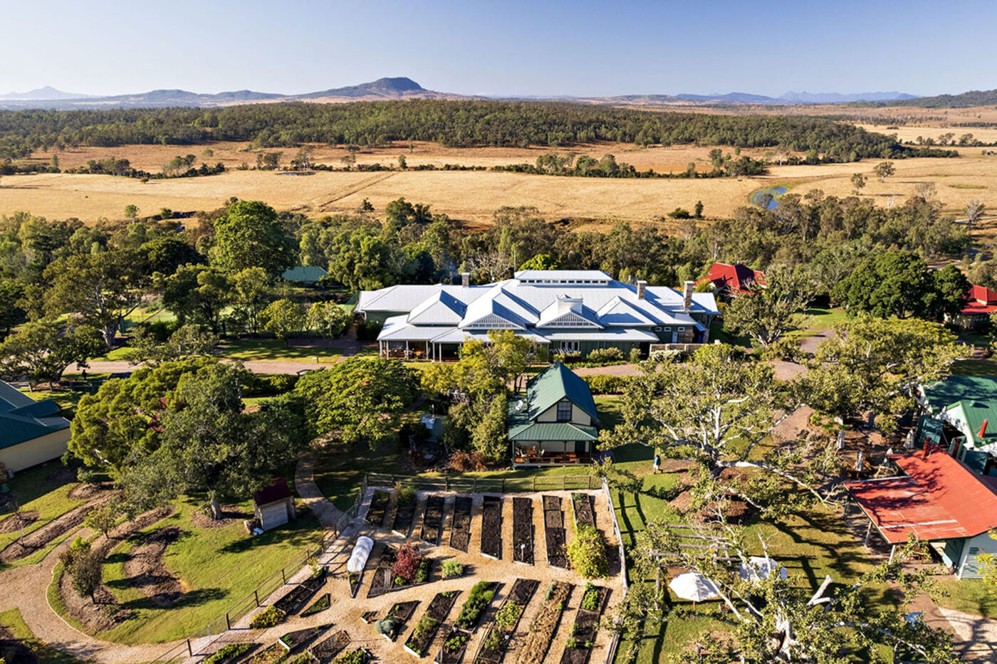 Aerial view of Spicers Hidden Vale and its kitchen garden in Queensland’s Scenic Rim.