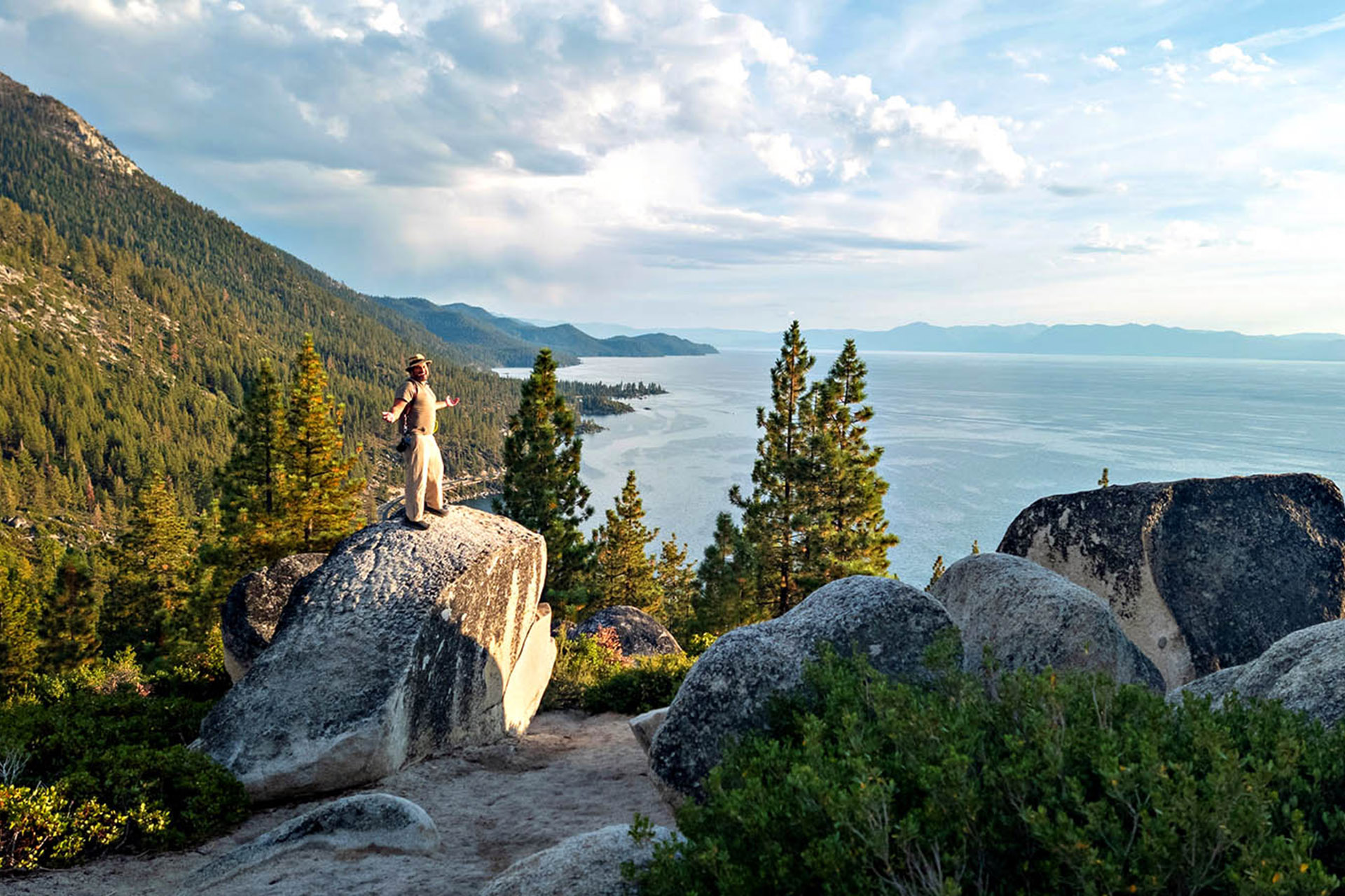 Writer, Roberto, perched atop Lake Tahoe.