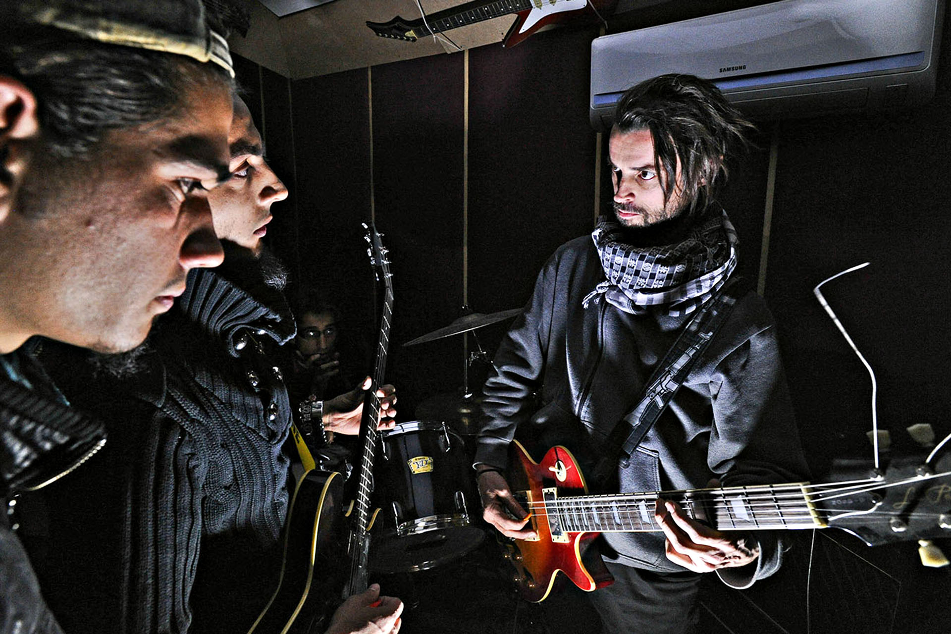 Travis Beard, in the Tora Bora studios with Afghan Metal band 'District Unknown' in Kabul. Image: David Gill