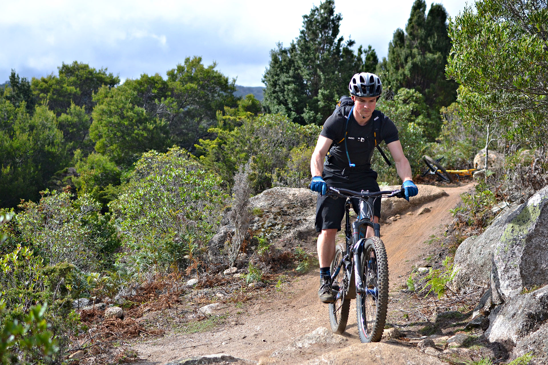 Mountain biker navigating singletrack in Blue Derby.