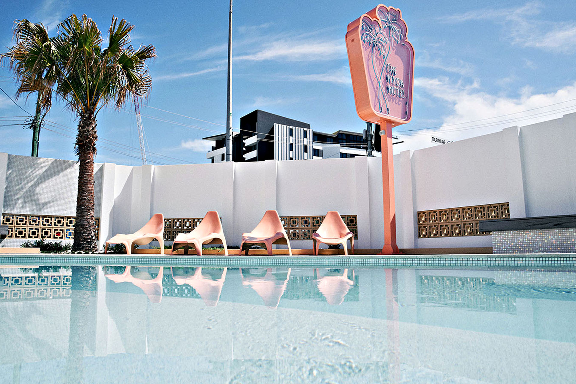 The Palm Springs-esque aesthetic of the Mysa Hotel in Palm Beach. 
