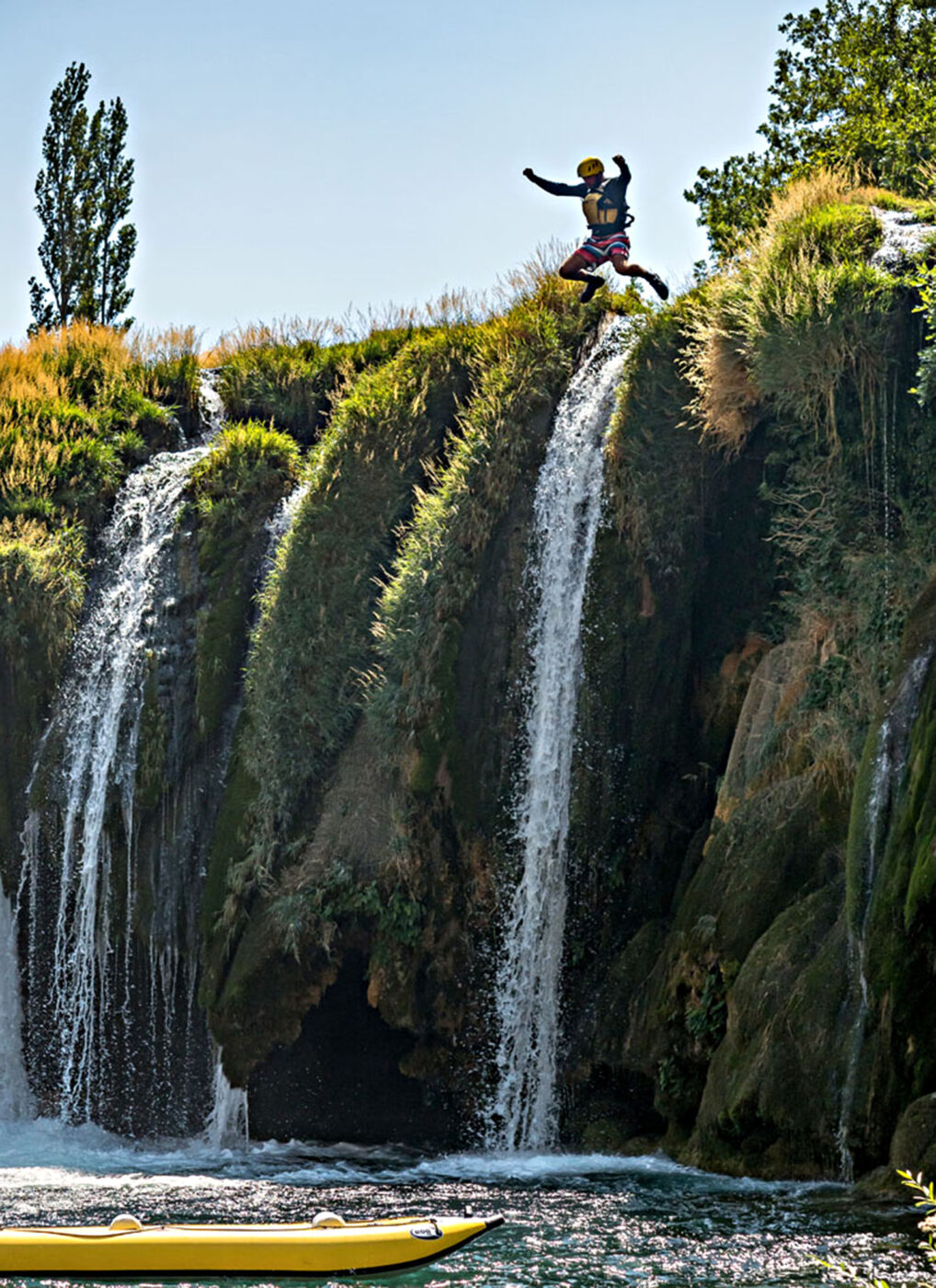 Eon, our guide, jumps off the 12-metre tall Visoki Buk waterfall.