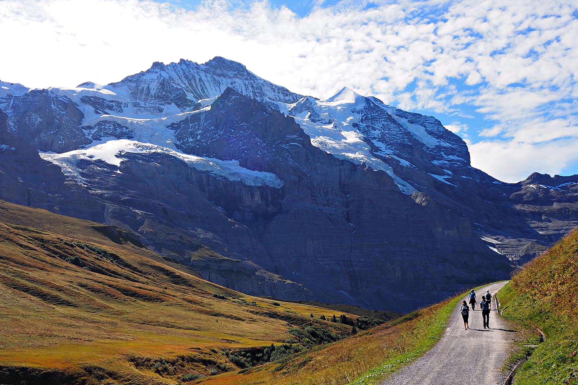Bear Trek’s triple shammy: walking past the Eiger, Mönch and Jungfrau mountains.