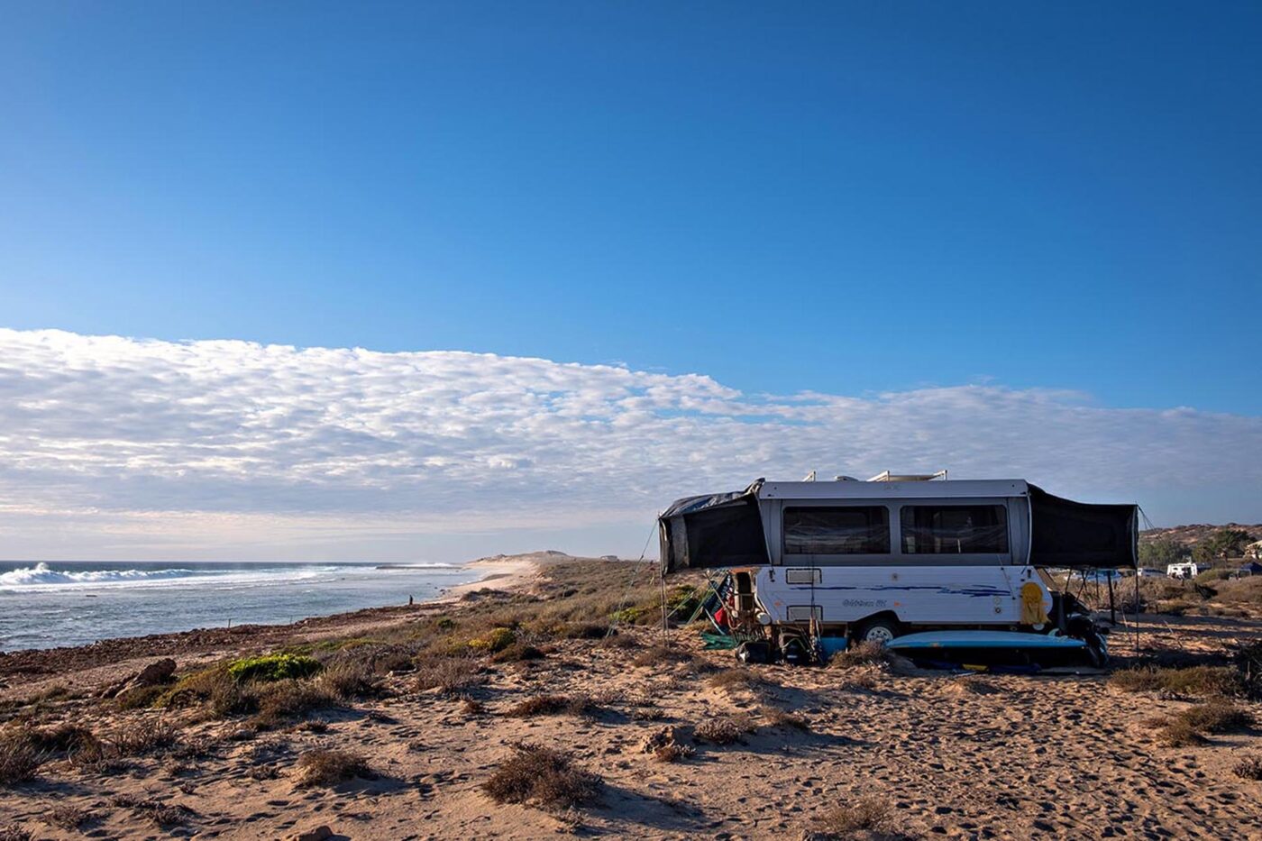 Campsites overlooking Red Bluff on Western Australia's Coral Coast.
