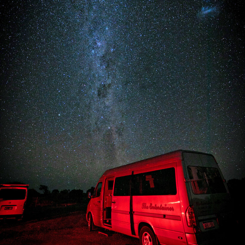 Juggle House Experiences’ van, The Entertainer, is kitted out on the inside like a limousine. It has TVs, party lights, and an esky for drinks.