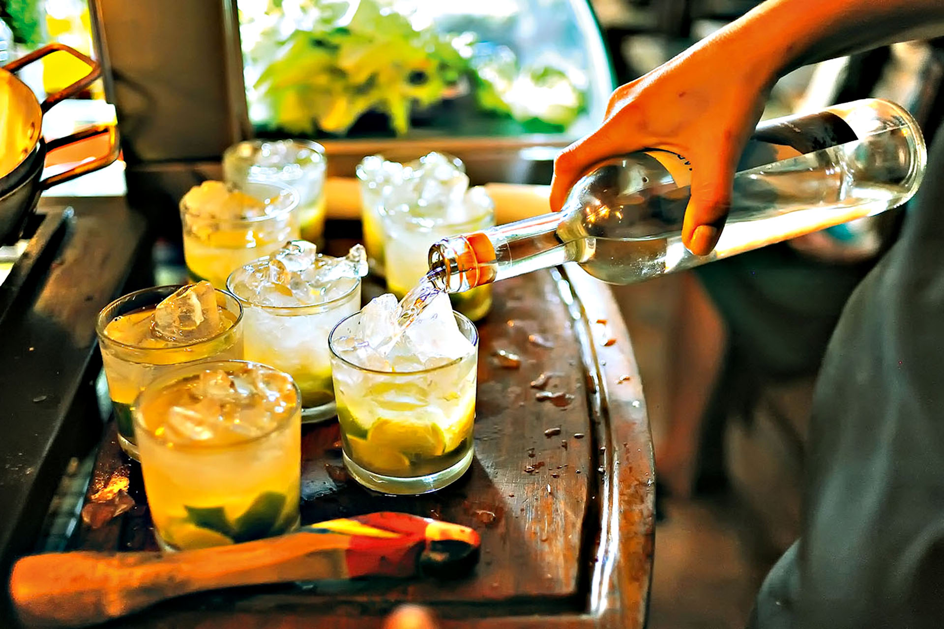 A tray of freshly mixed caiparinhas, Brazil’s national cocktail.