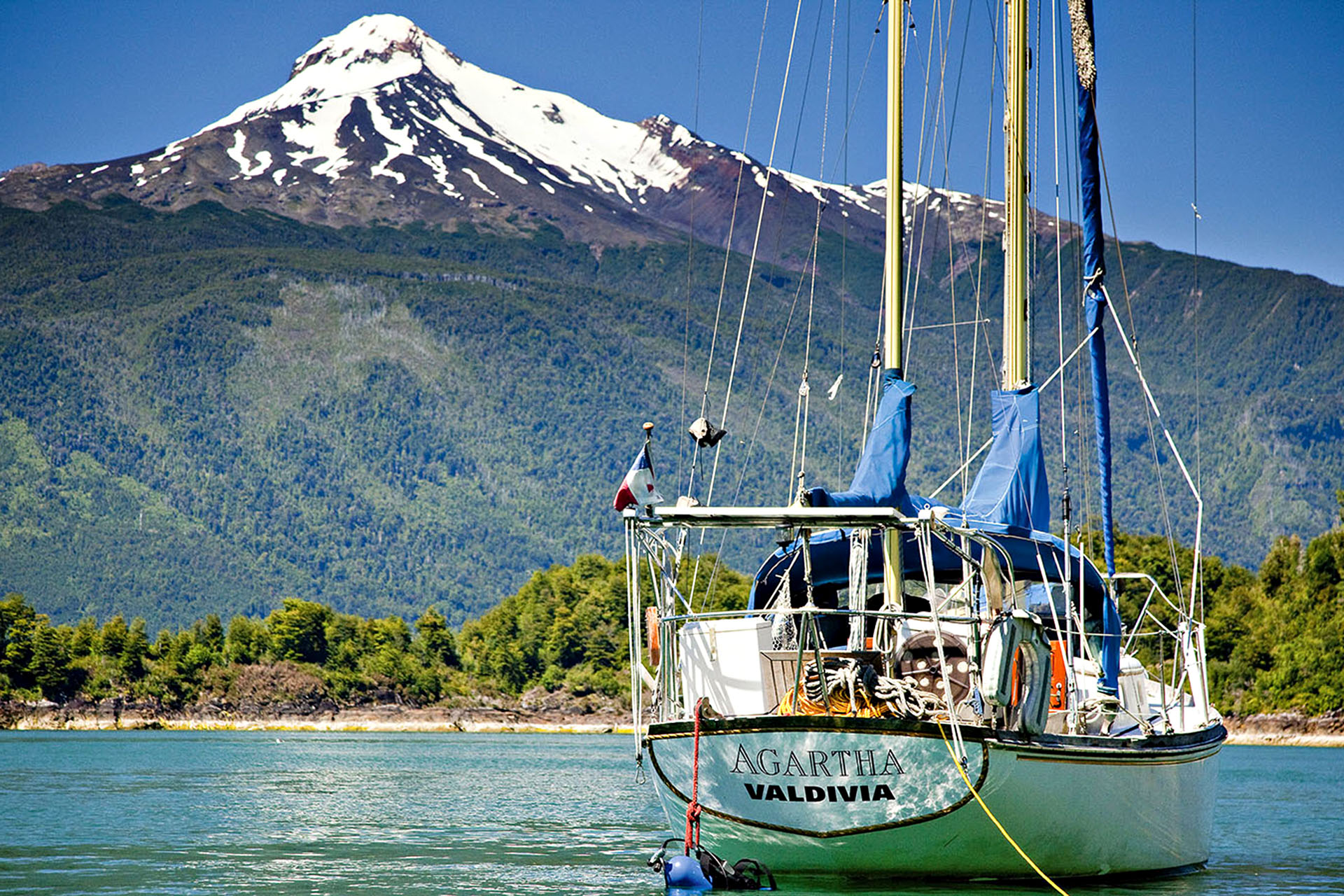 Agartha anchored in Reloncaví Sound.