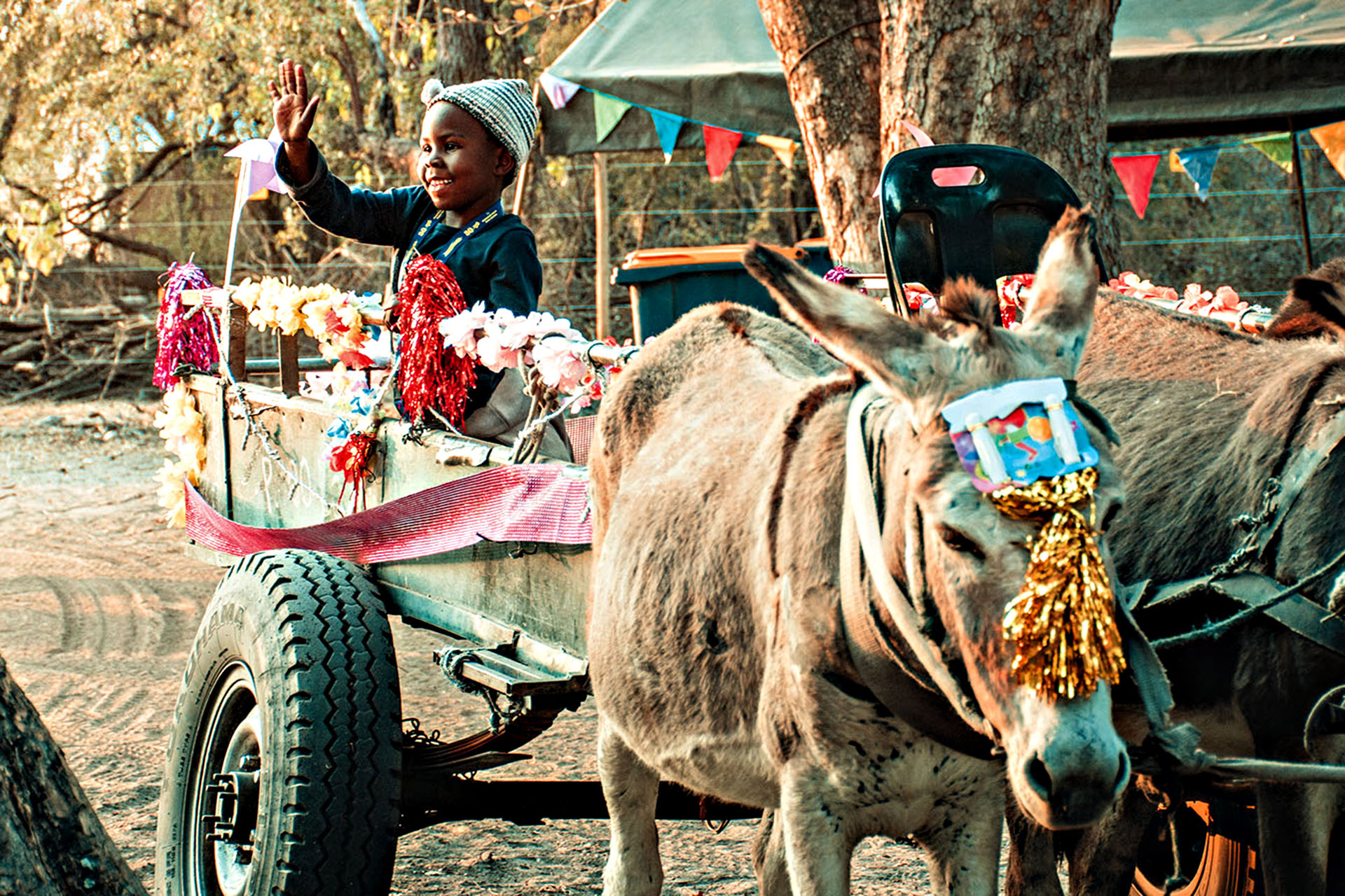 Riding the donkey cart to Festival Island.