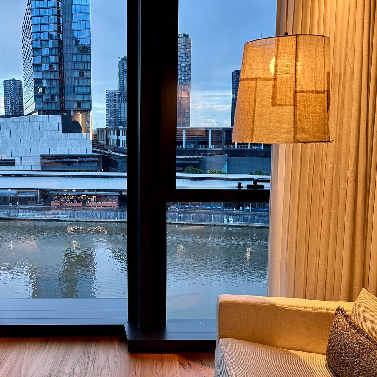 Yarra River and Melbourne city skyline viewed from a suite at 1 Hotel Melbourne.