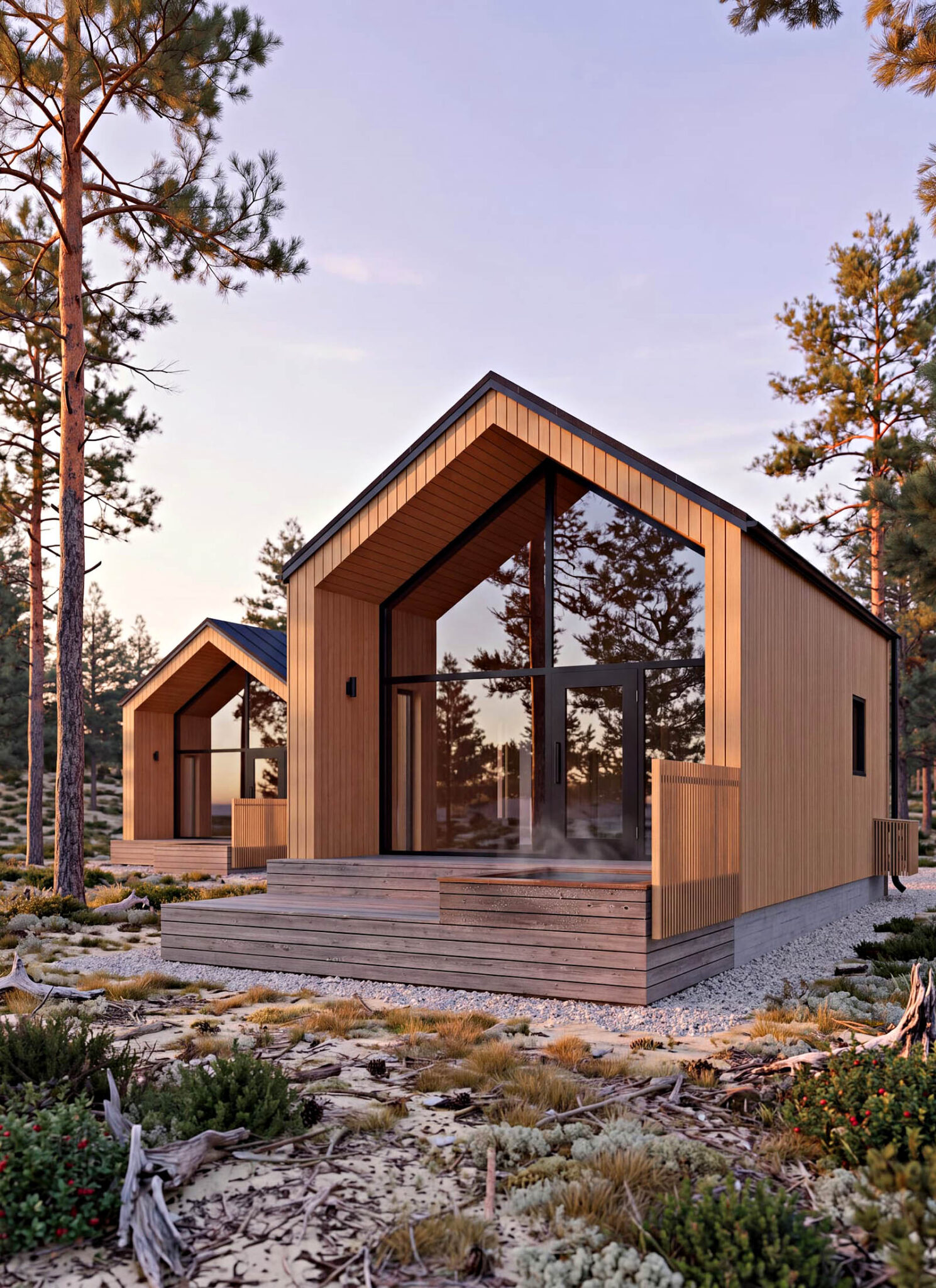 Contemporary timber cabin with floor-to-ceiling windows at HALO Arctic Island surrounded by pine forest in Hailuoto, Finland.