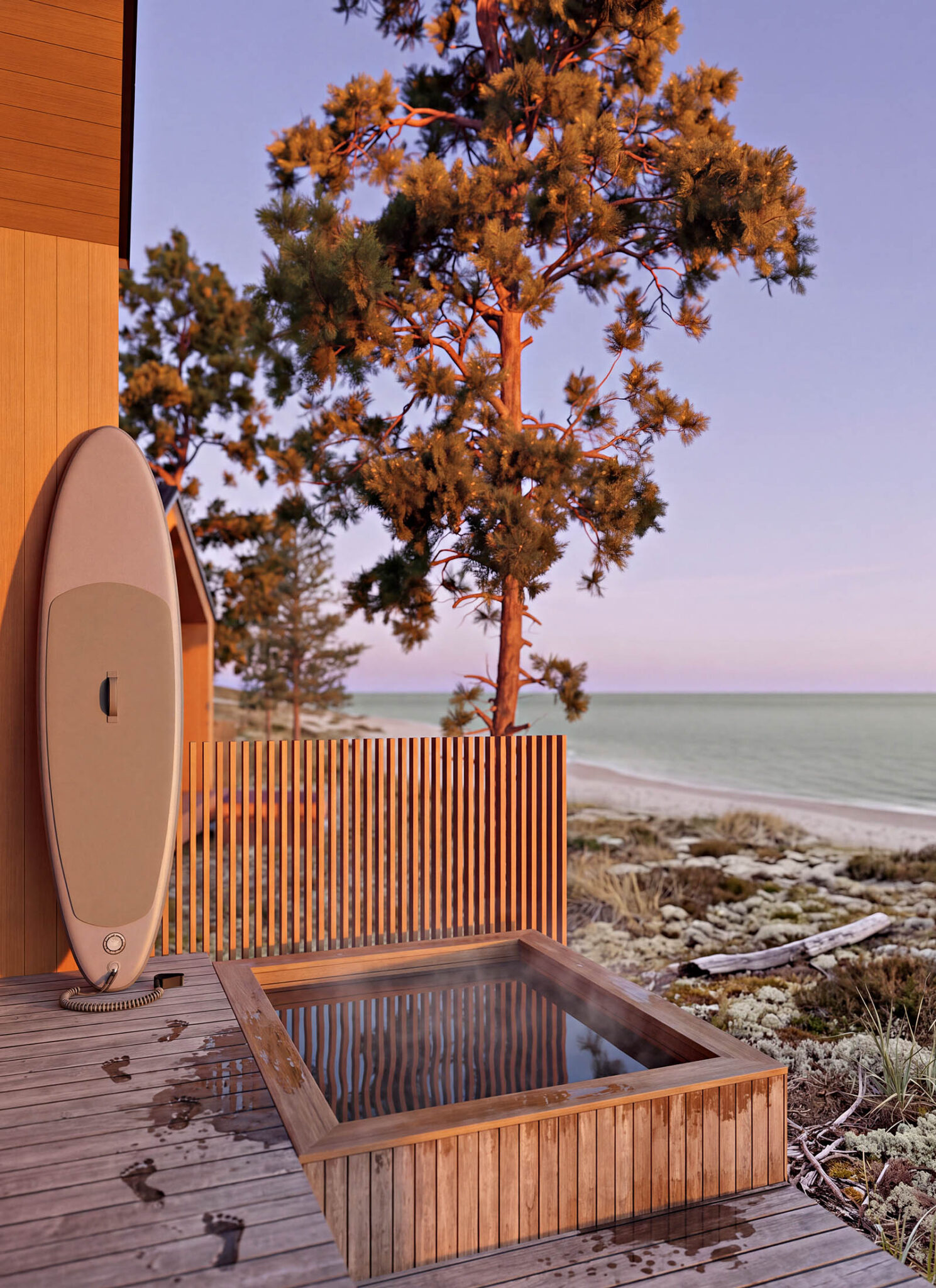 Private outdoor hot tub beside a cabin overlooking the Baltic Sea at HALO Arctic Island on Hailuoto, Finland.