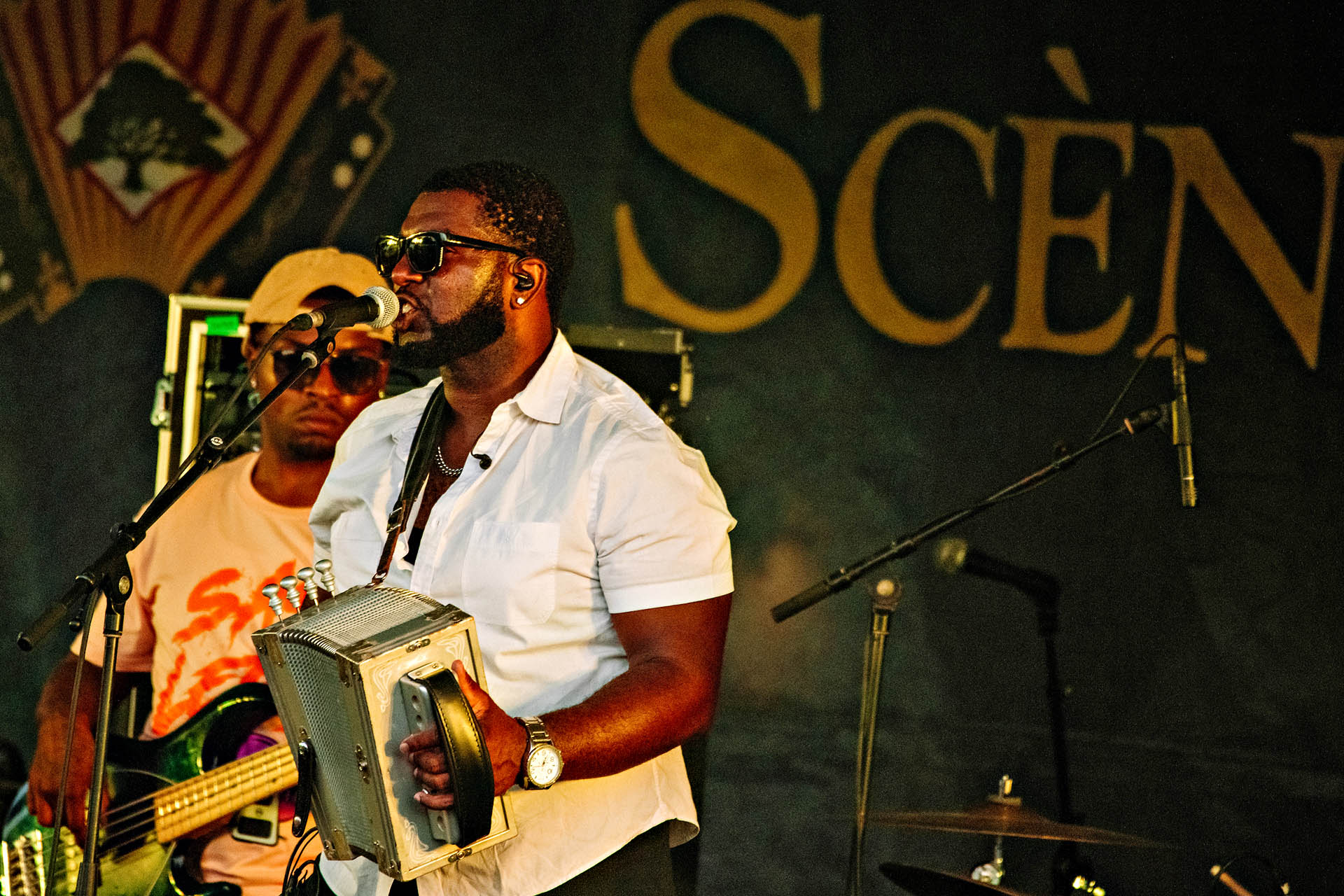 Louisiana musician playing accordion at Festivals Acadiens et Créoles in Lafayette.