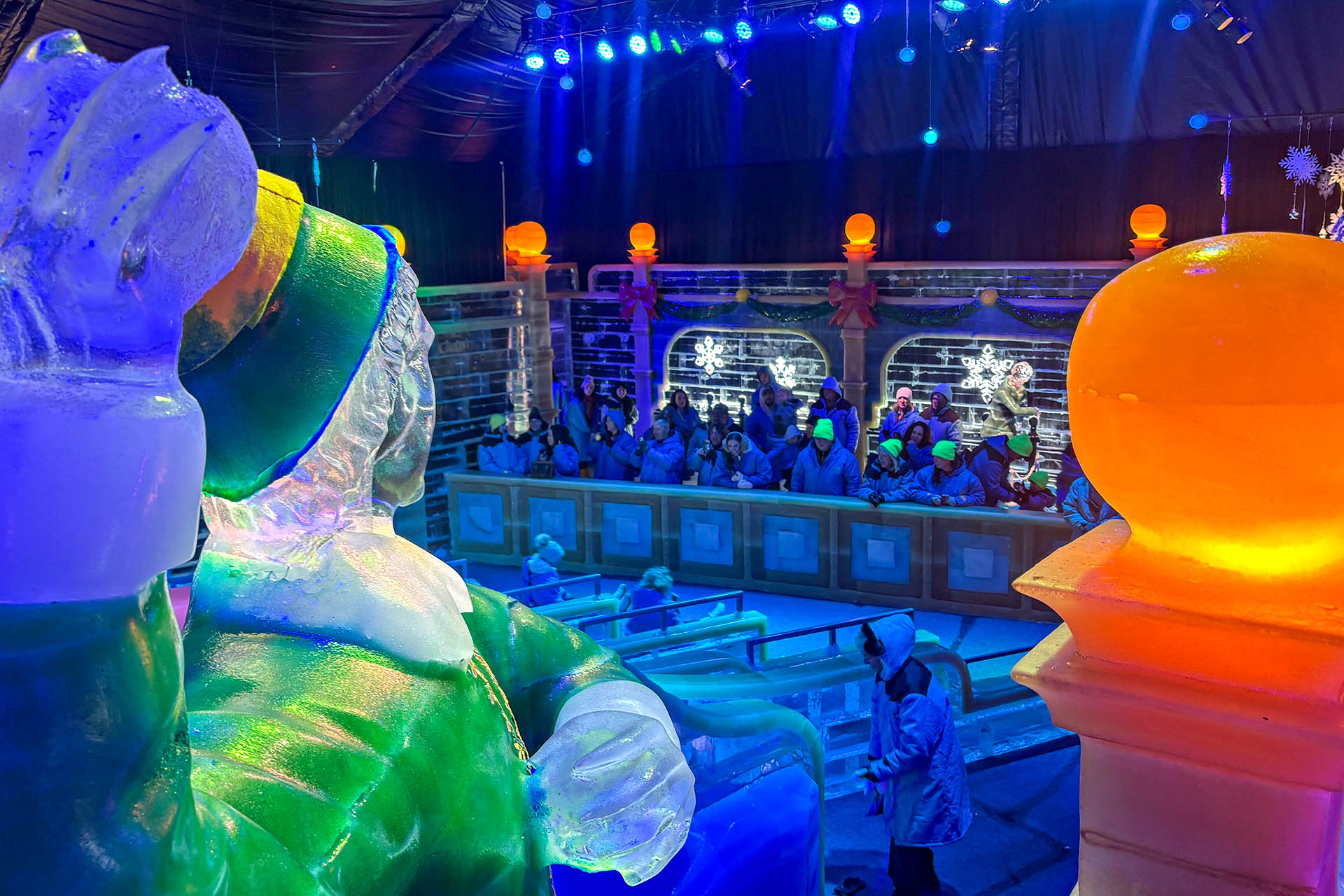 Colourful Christmas ice sculptures inside the ICE! attraction at Gaylord Texan Resort in Grapevine, Texas.