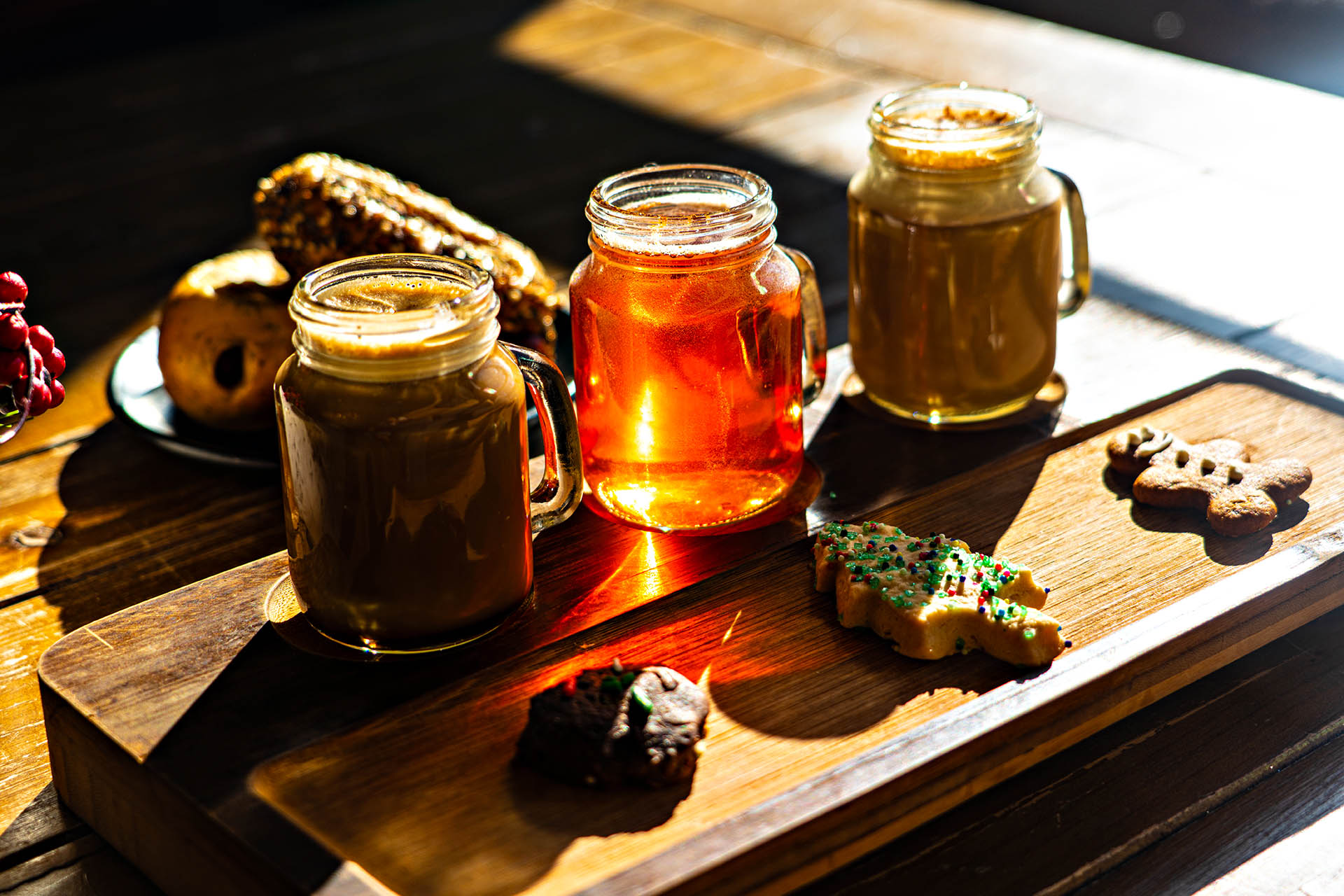 Christmas cookie and wine pairing served on a wooden board during the festive season in Grapevine, Texas.