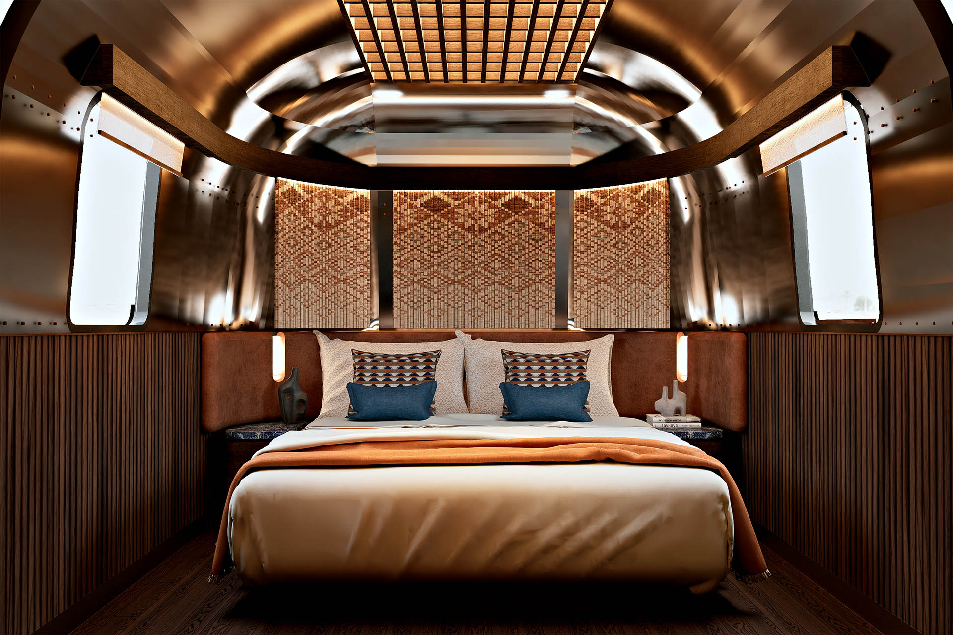 Bedroom inside a luxury Airstream suite at Samkani Camp on Salar de Uyuni.