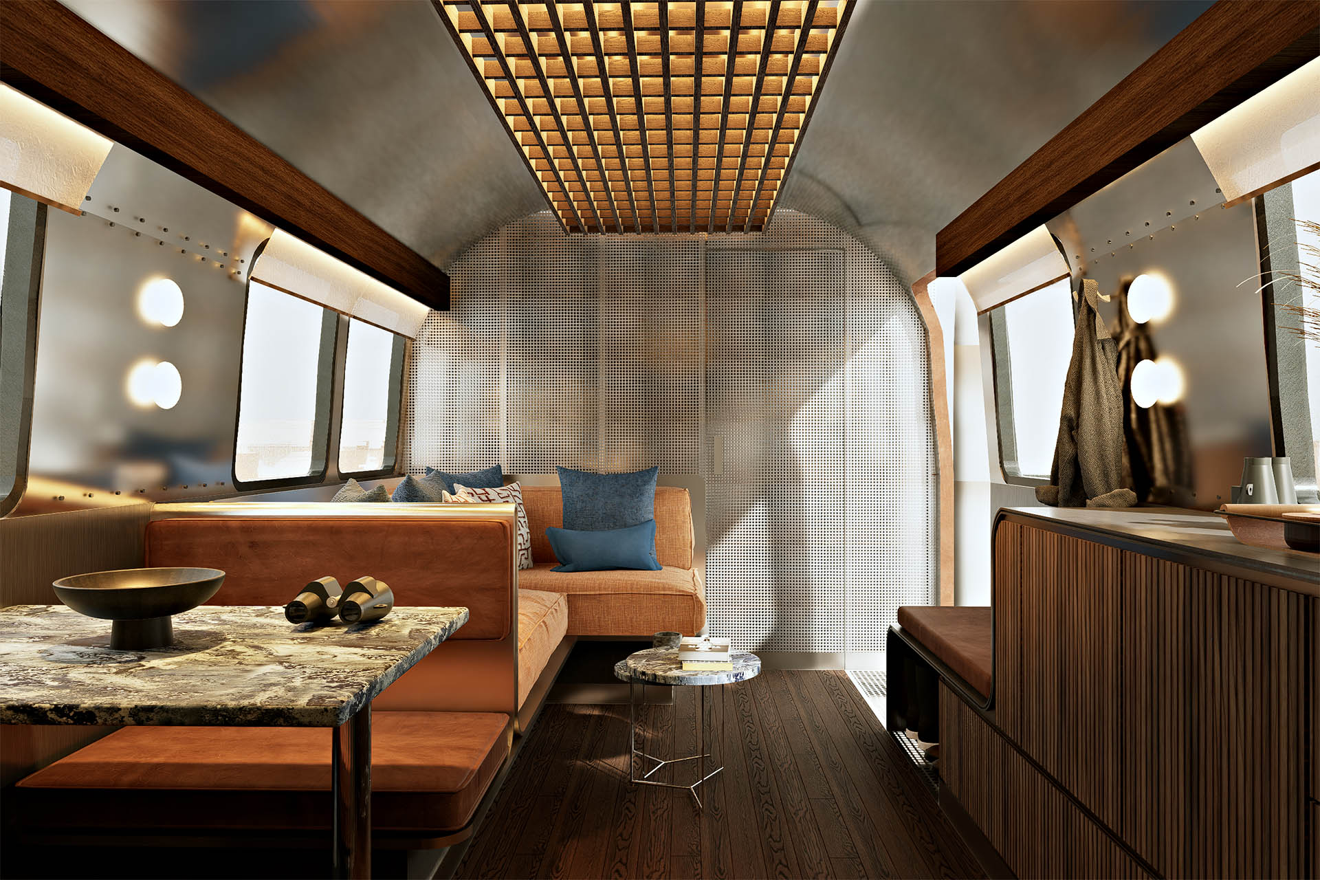 Luxury lounge inside an Airstream suite at Samkani Camp Bolivia.