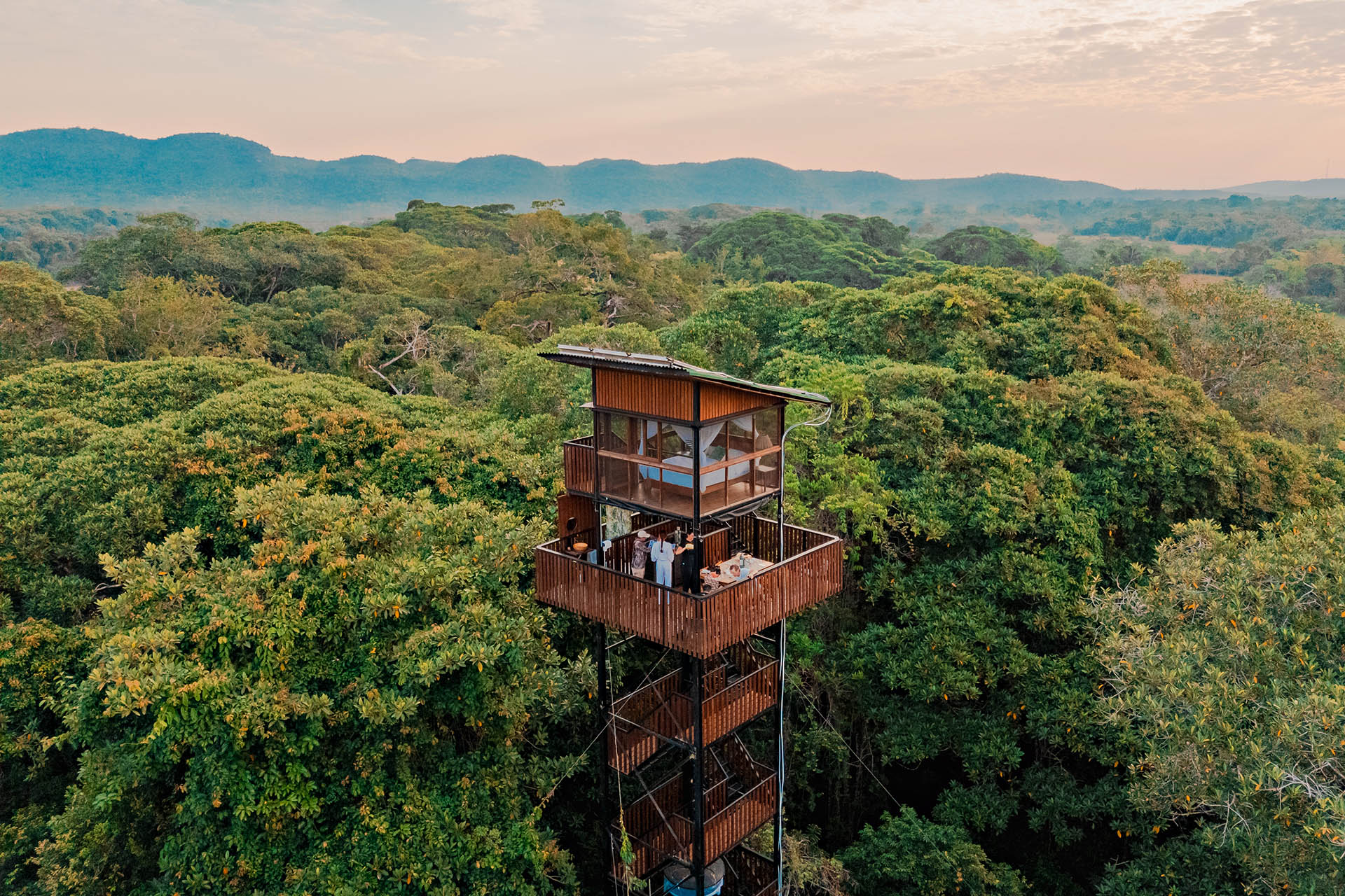 Elevated jungle lodge surrounded by dense rainforest on a Dr Jones expedition in Colombia.