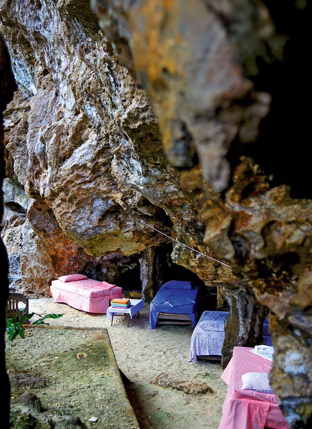 Aotaha Cave Lodge, built into Bellona’s eastern cliffs.