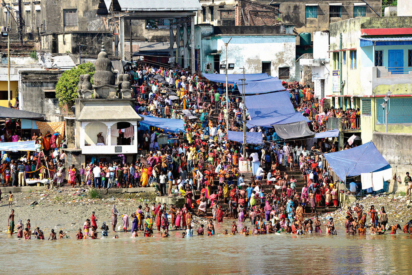 Pilgrims bathe in the holy river.