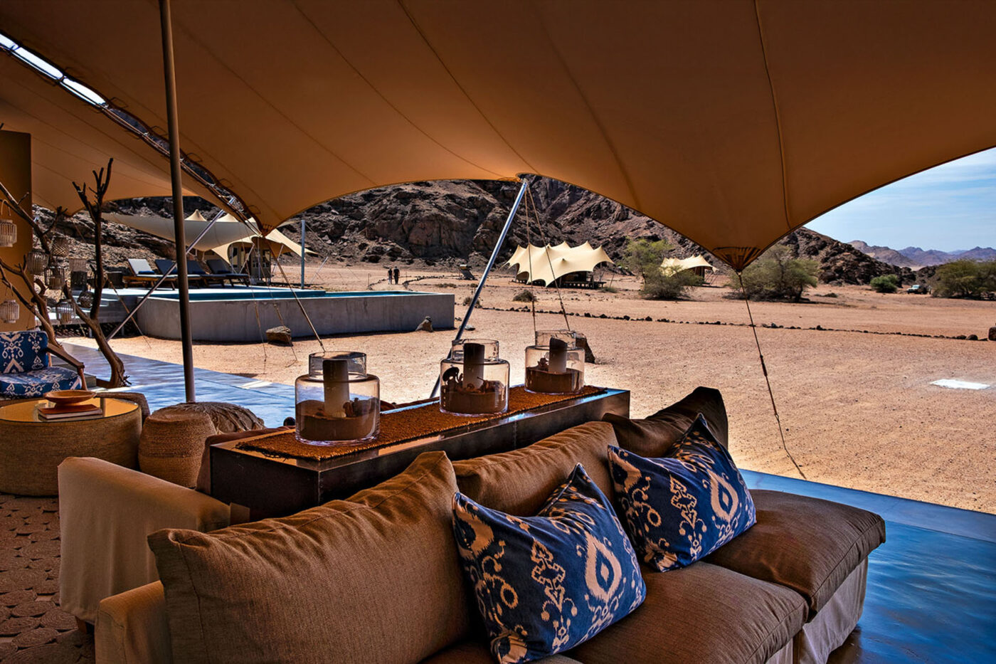 The very stylish communal lounge at Hoanib Skeleton Coast Camp.