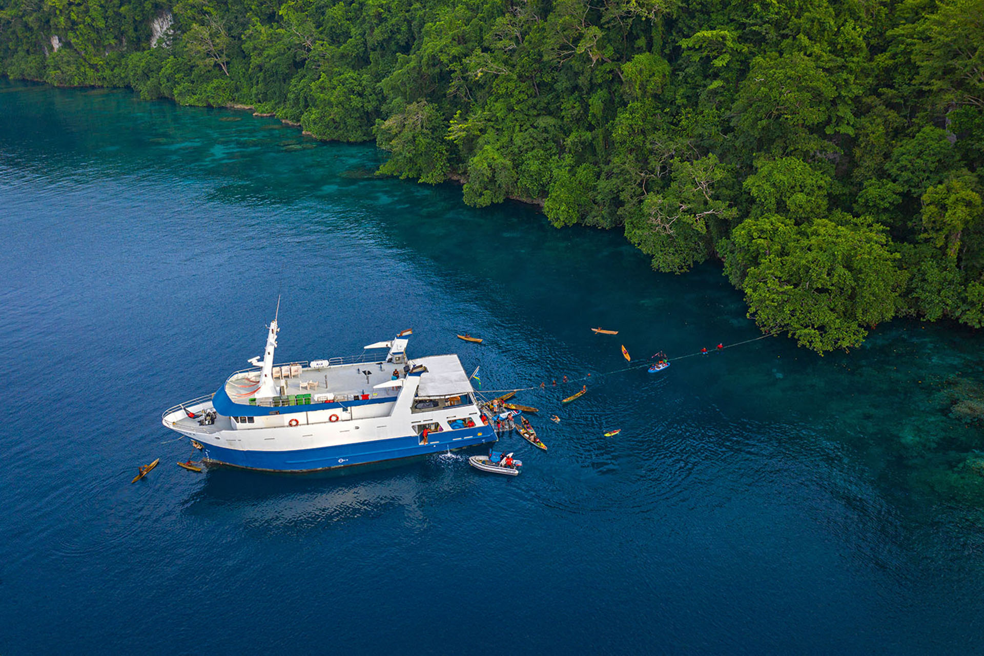 A floating crowd assembles to do business in Mane Bay.