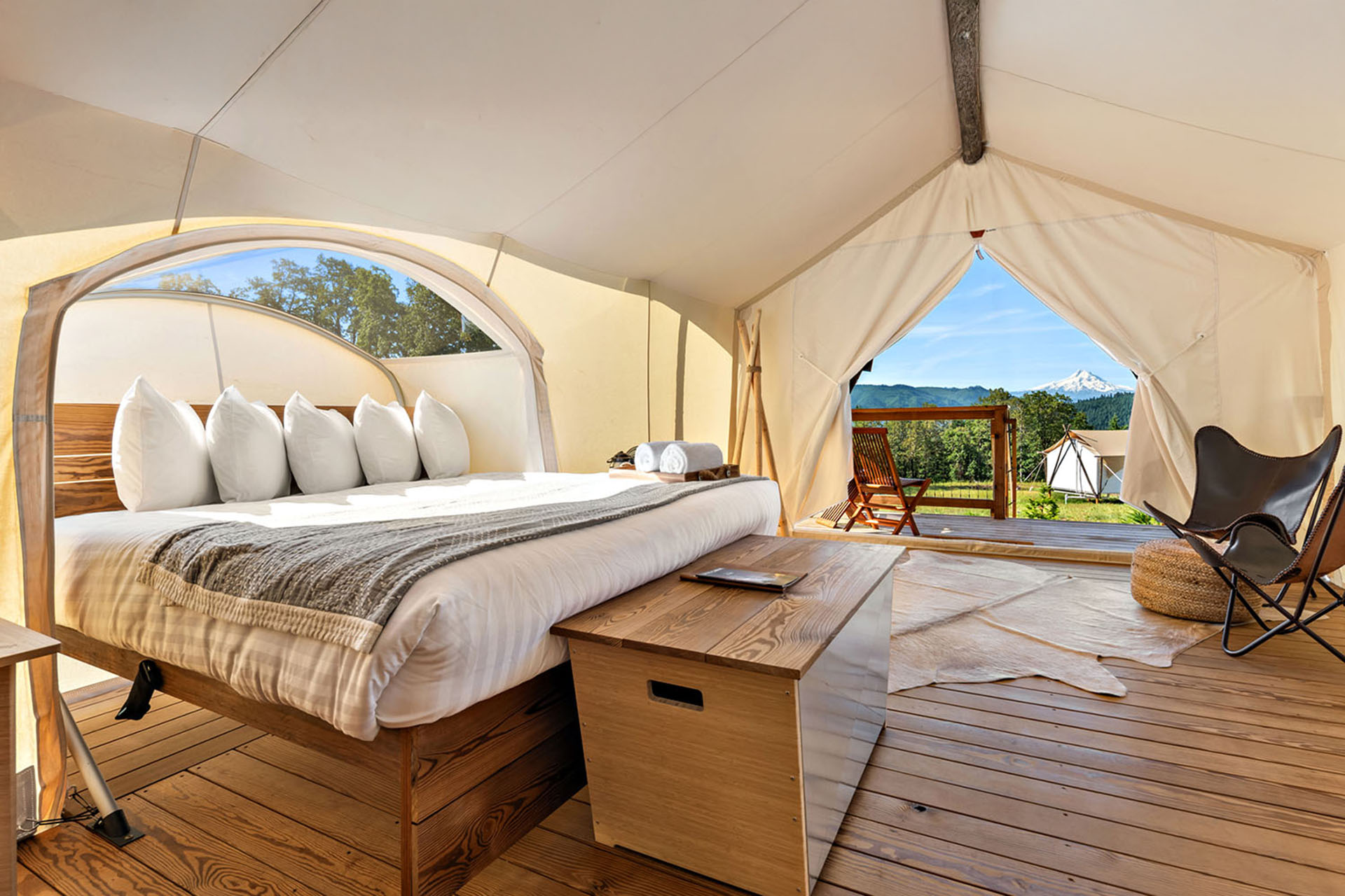 Safari tent with Mount Hood views at Under Canvas Columbia River Gorge.