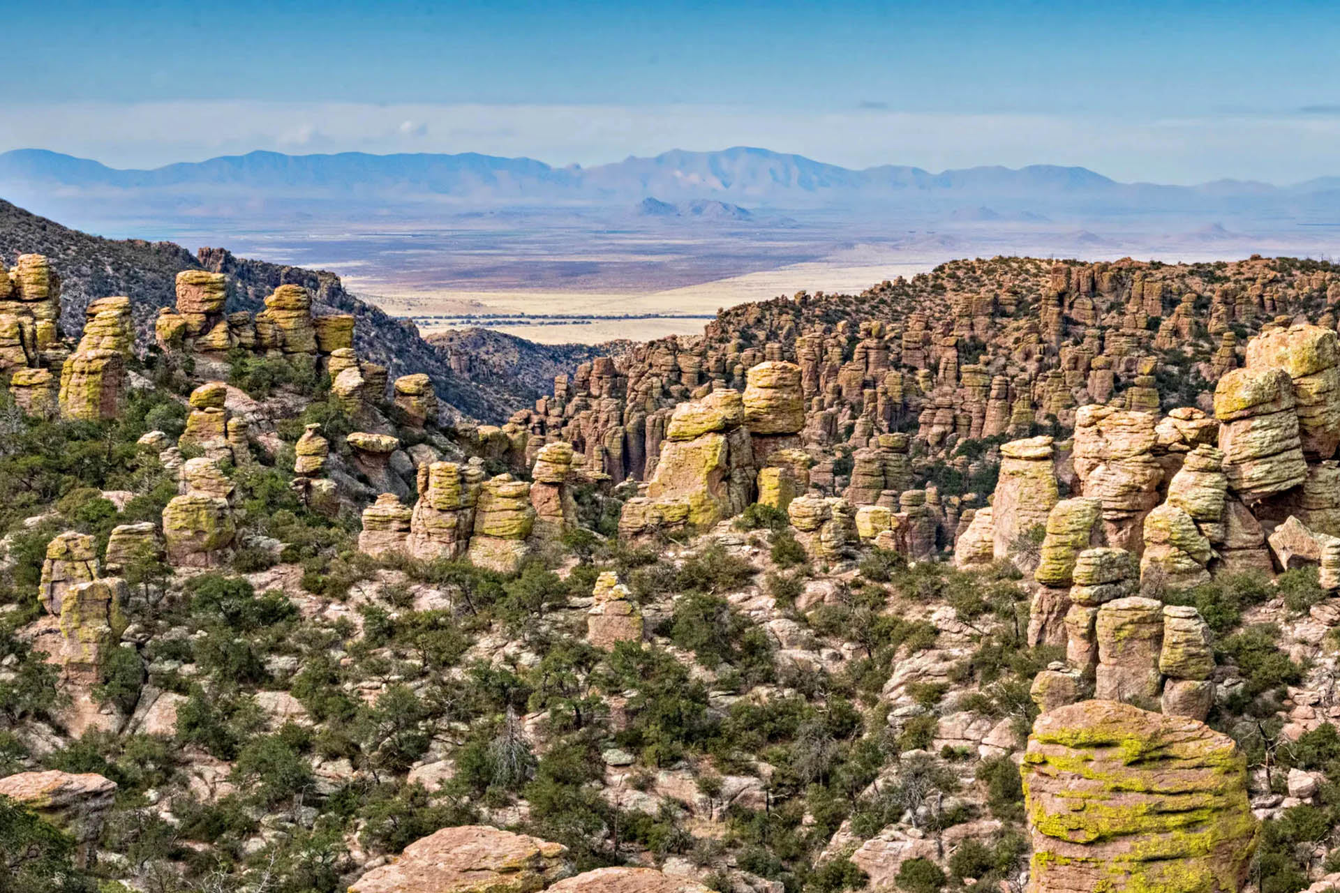 Panoramic view across the hoodoos and rugged rock formations of Chiricahua National Park, Arizona.