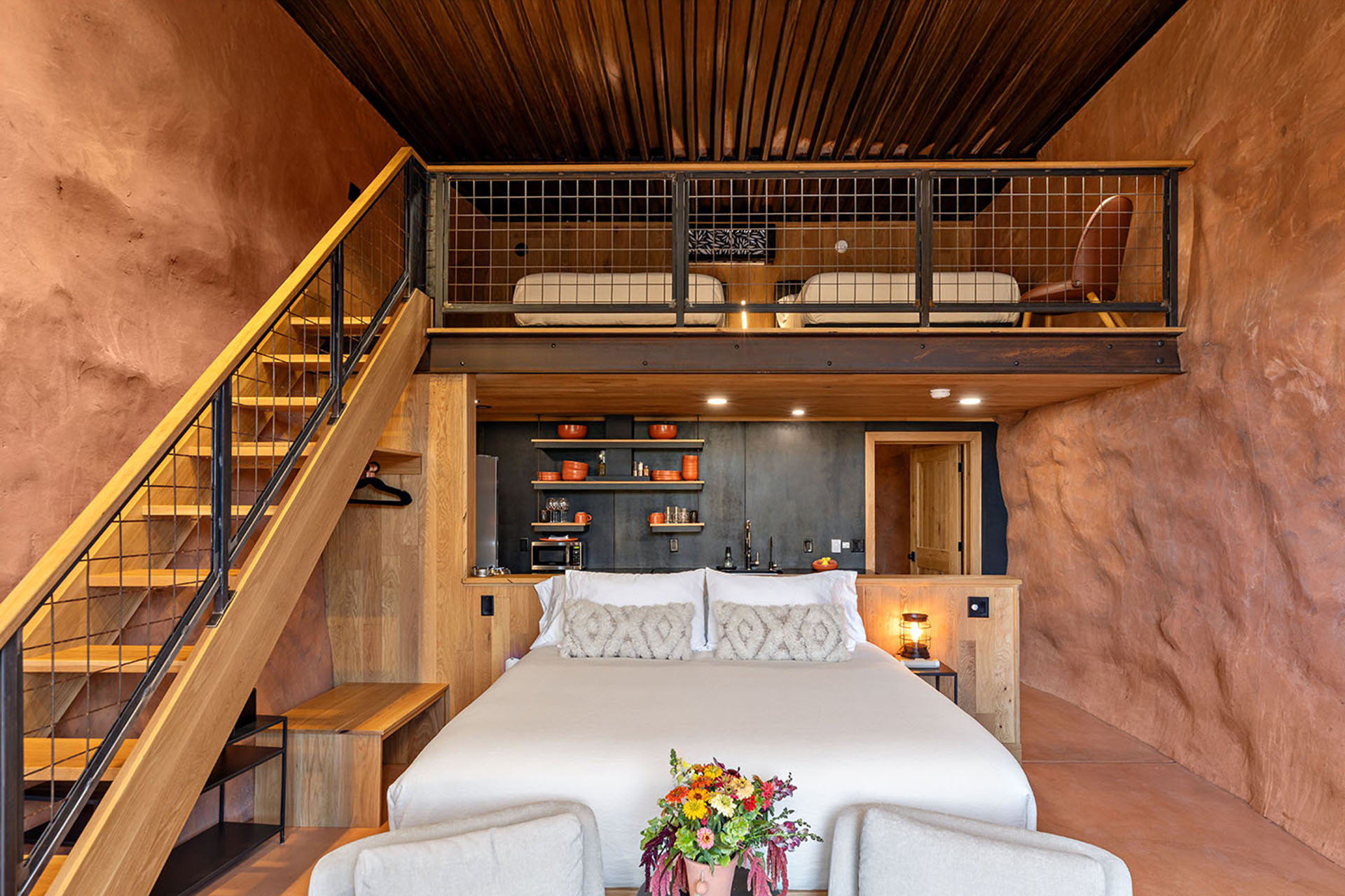 Loft-style cave suite interior at Honey Rock Landing in Colorado.