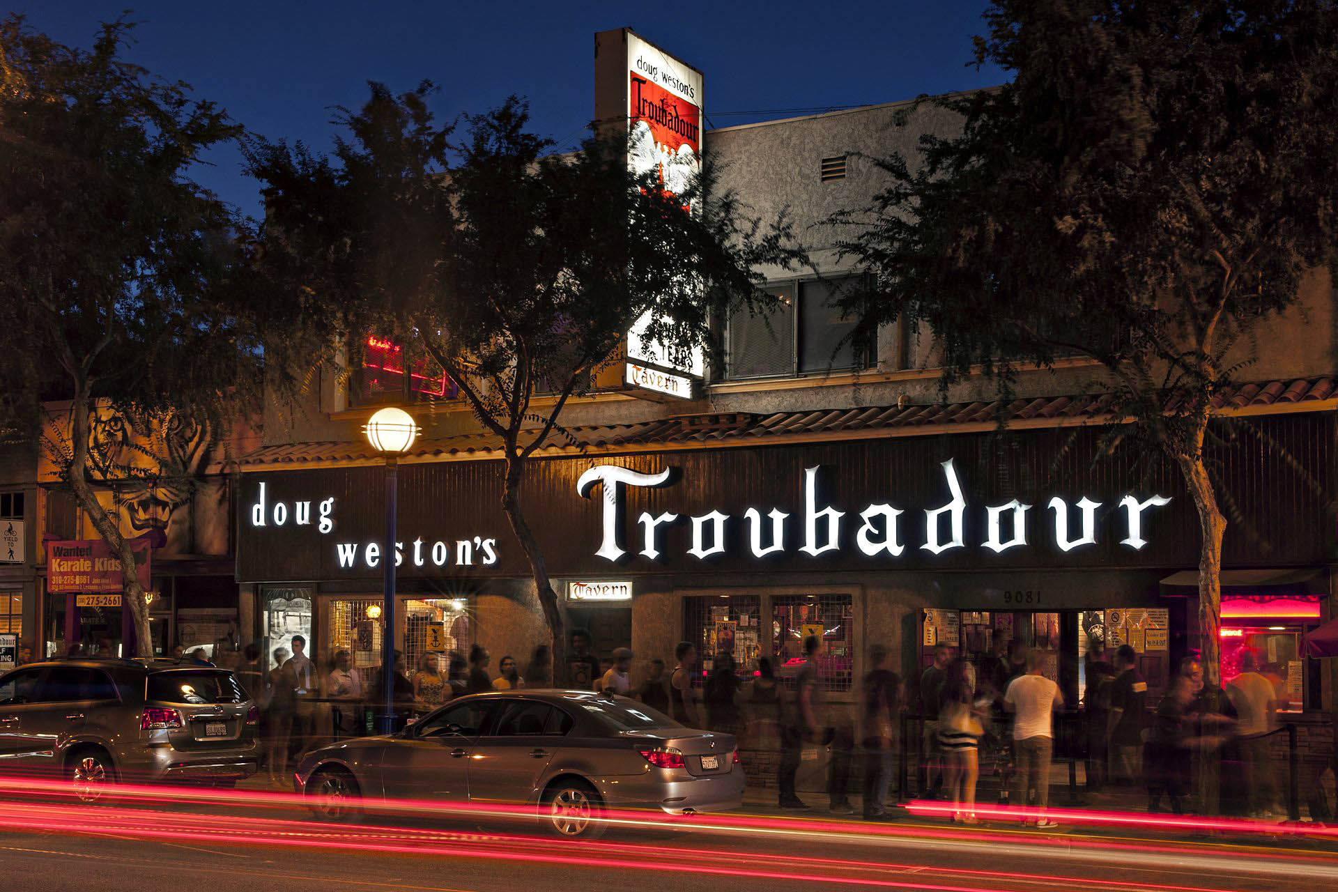 Doug Weston’s Troubadour music venue at night in West Hollywood.