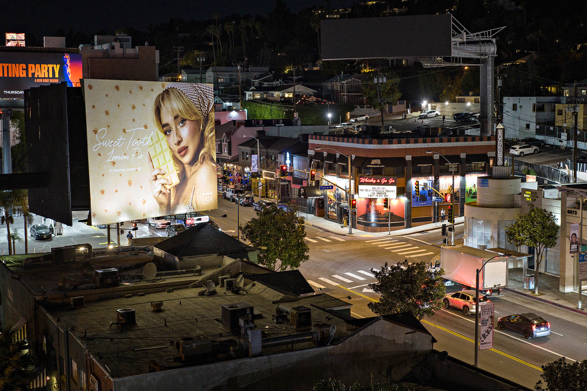 Sunset Strip at night in West Hollywood, Los Angeles.