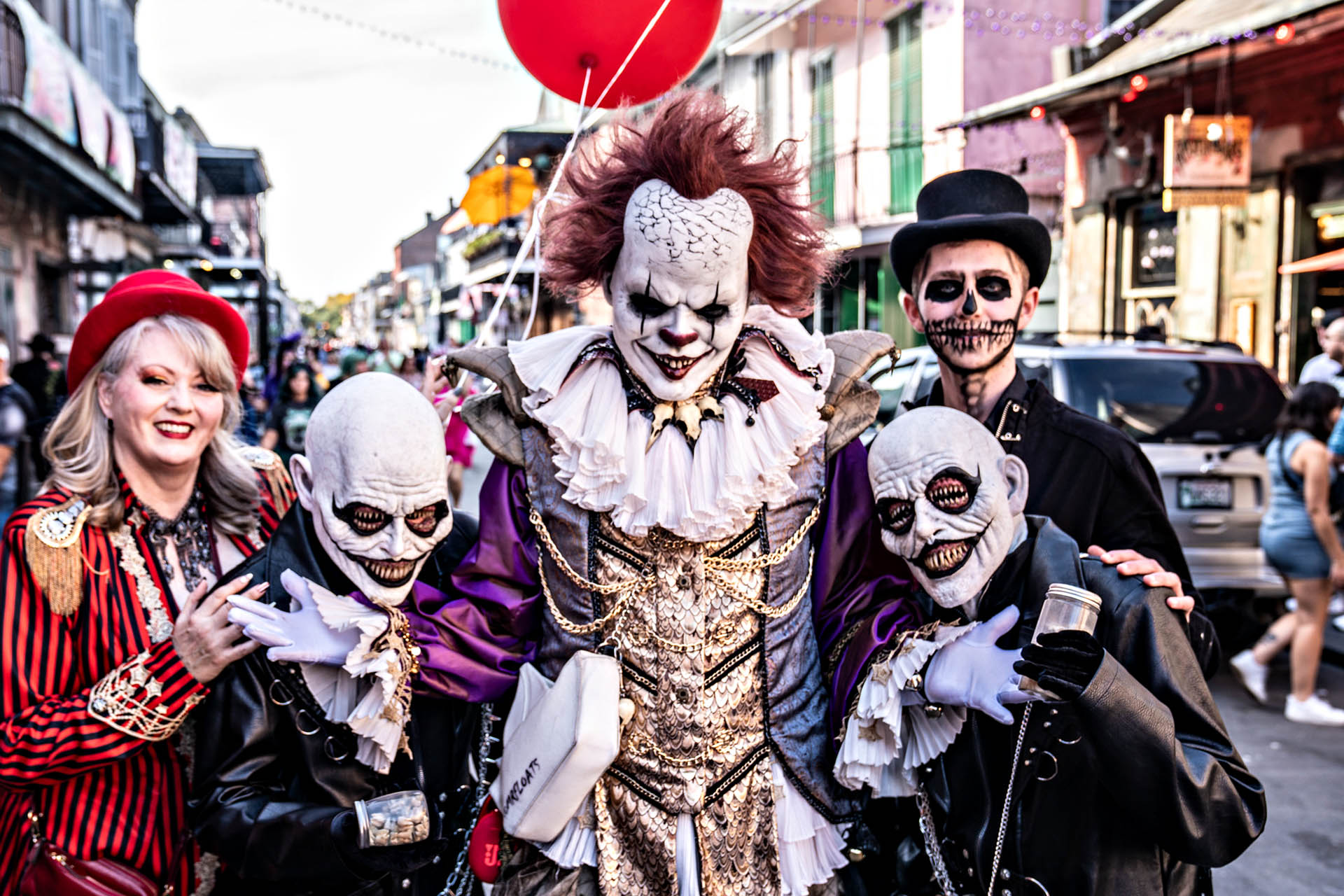 Revellers dressed in elaborate Halloween costumes on the streets of New Orleans.